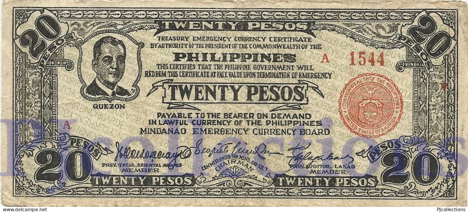 PHILIPPINES 20 PESOS 1942 PICK S474 VF RARE LOW SERIAL NUMBER "A 1544" - Philippinen