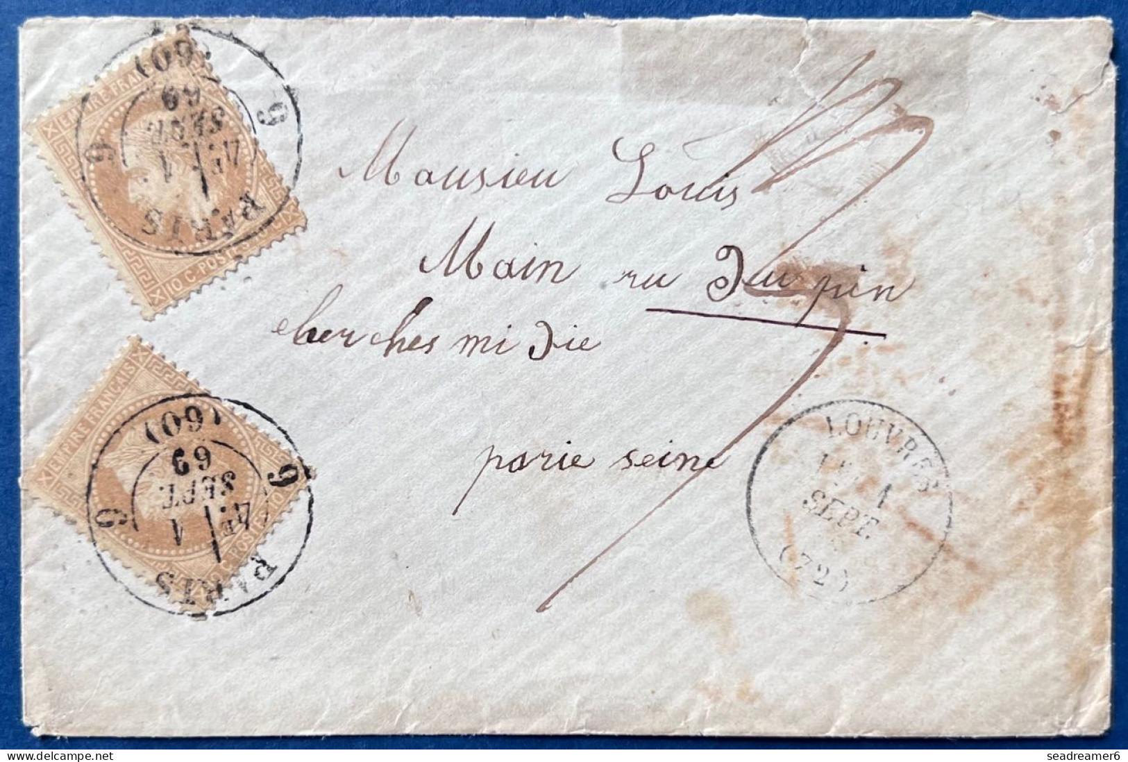 LETTRE De LOUVRES 1 SEPT 1869 Laurée N°28I X2 Oblitérés En Arrivé Càd " 6 /PARIS / 6 /(60) " Sur Timbres Pour En Ville - 1863-1870 Napoléon III Lauré