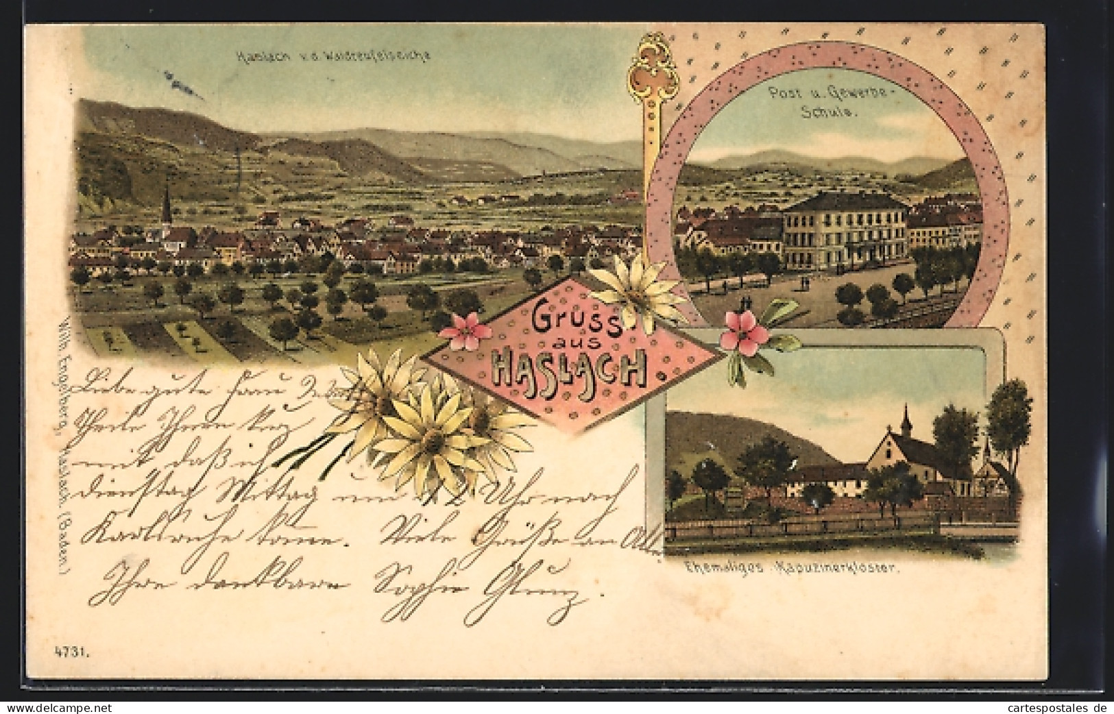 Lithographie Haslach, Ehemaliges Kapuzinerkloster, Post & Gewerbe-Schule, Ortsansicht V. D. Waldteufelseiche  - Haslach