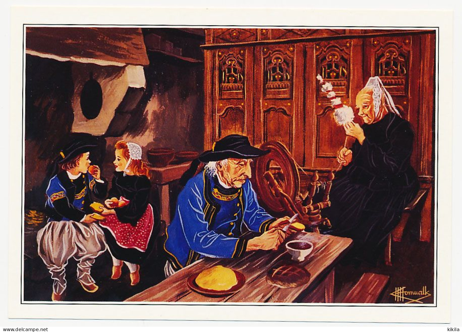 CPSM Glacée 10.5 X 15 Homualk Folklore Breton  Région De Quimper Enfants Cheminée Lit Clos Fileuse Rouet - Homualk