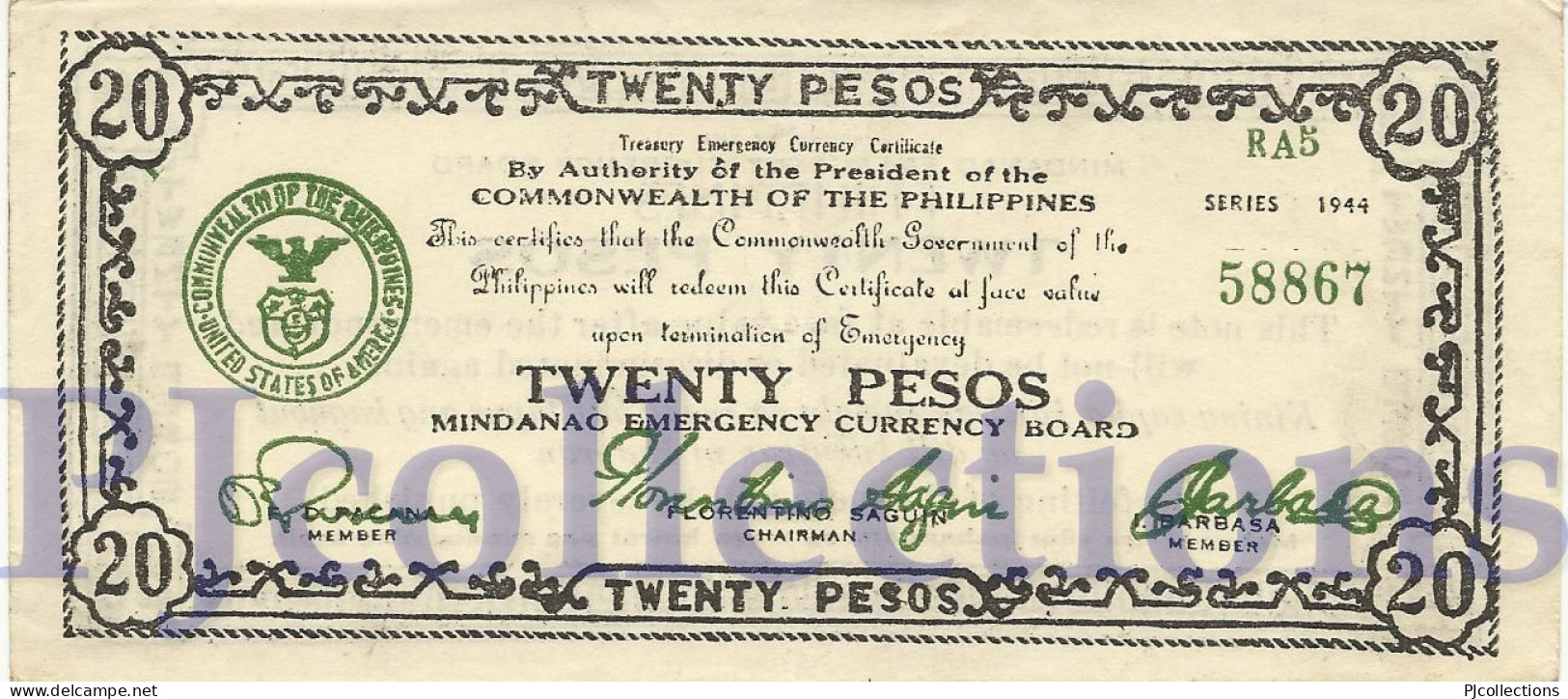 PHILIPPINES 20 PESOS 1944 PICK S528d AU/UNC EMERGENCY BANKNOTE - Philippinen