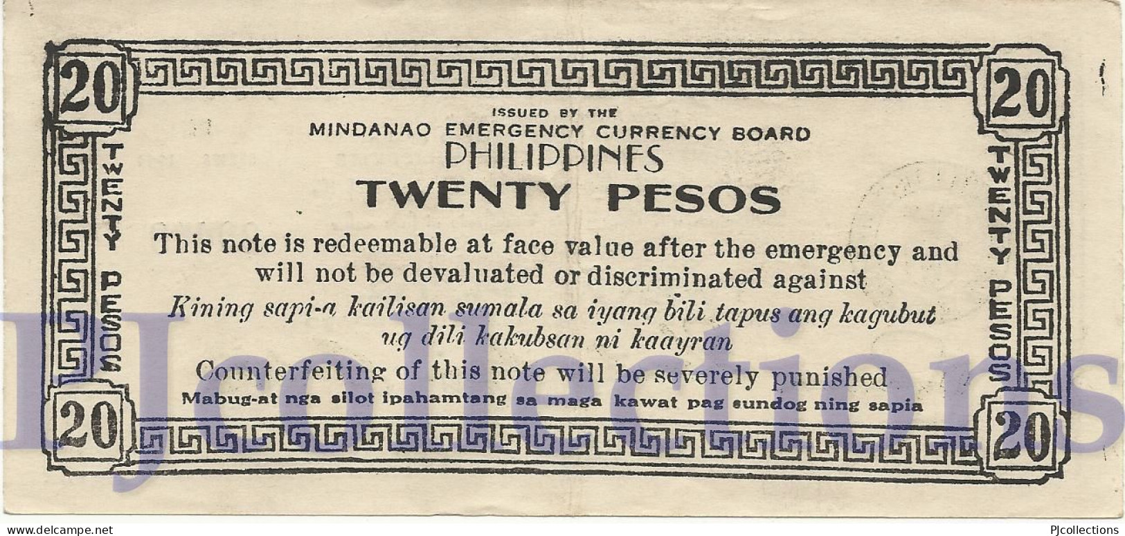 PHILIPPINES 20 PESOS 1944 PICK S528d AU/UNC EMERGENCY BANKNOTE - Philippines