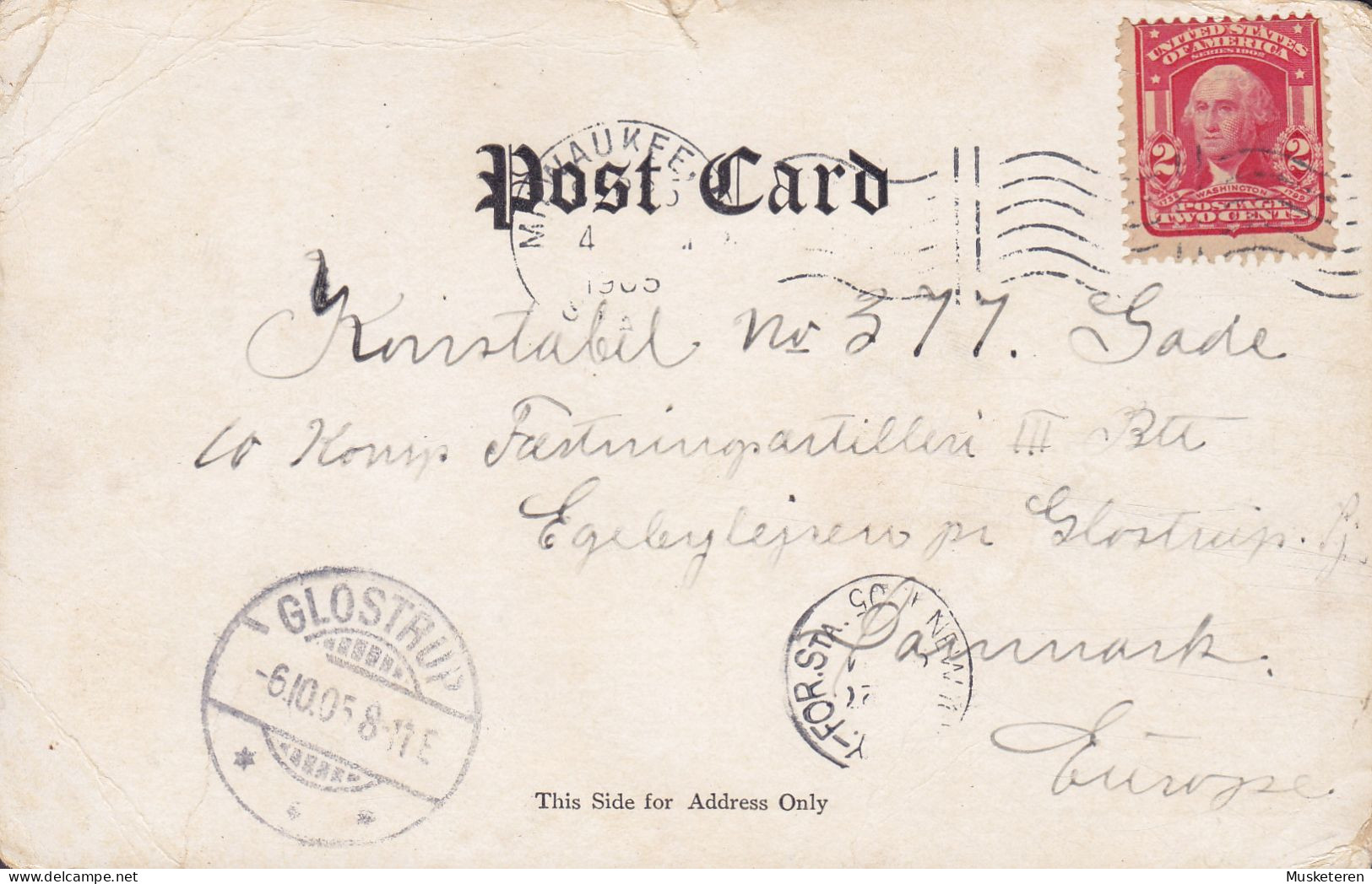 United States PPC Miss Atkins MILWAUKEE 1905 To Konstabel GADE 10. Fæstningsartilleri III. Bat. EJBYLEJREN V. GLOSTRUP - Storia Postale