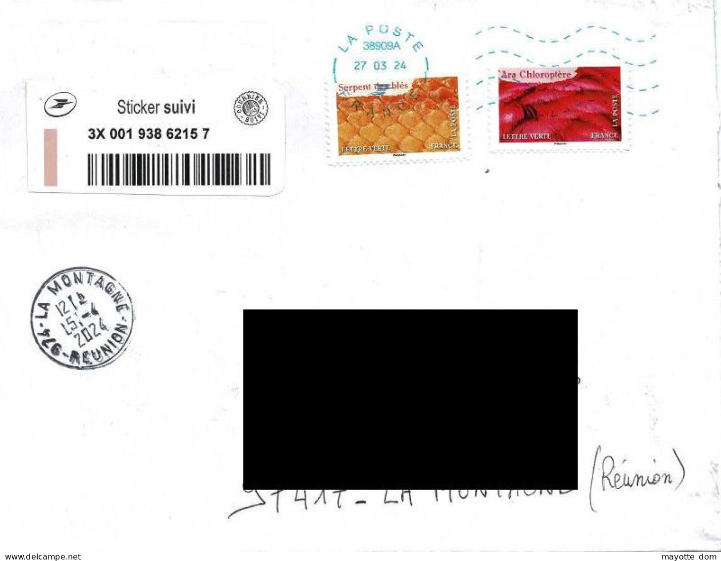 FRANCE 2024 Serpent Snake Parrot Perroquet Skin Peau Auxances Poitiers PIC Cover To FRANCE Reunion - Lettres & Documents