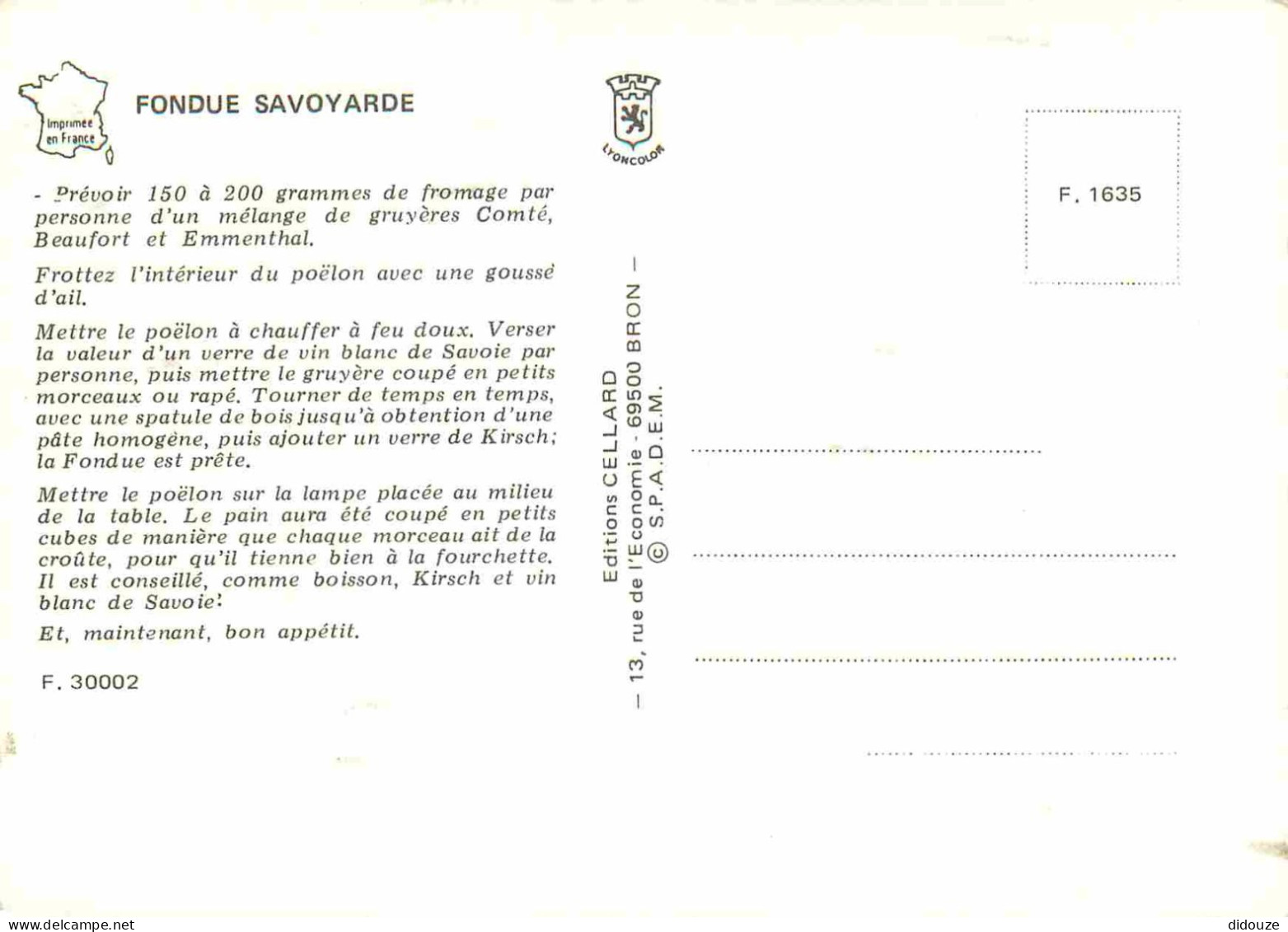 Recettes De Cuisine - Fondue Savoyarde - Gastronomie - CPM - Carte Neuve - Voir Scans Recto-Verso - Recetas De Cocina