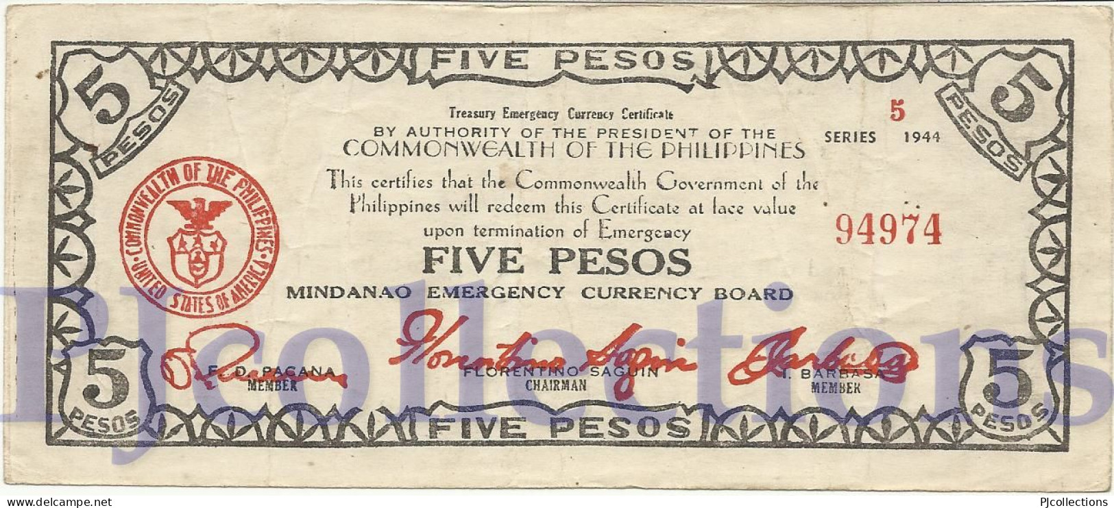 PHILIPPINES 5 PESOS 1944 PICK S526b VF EMERGENCY BANKNOTE - Filippijnen