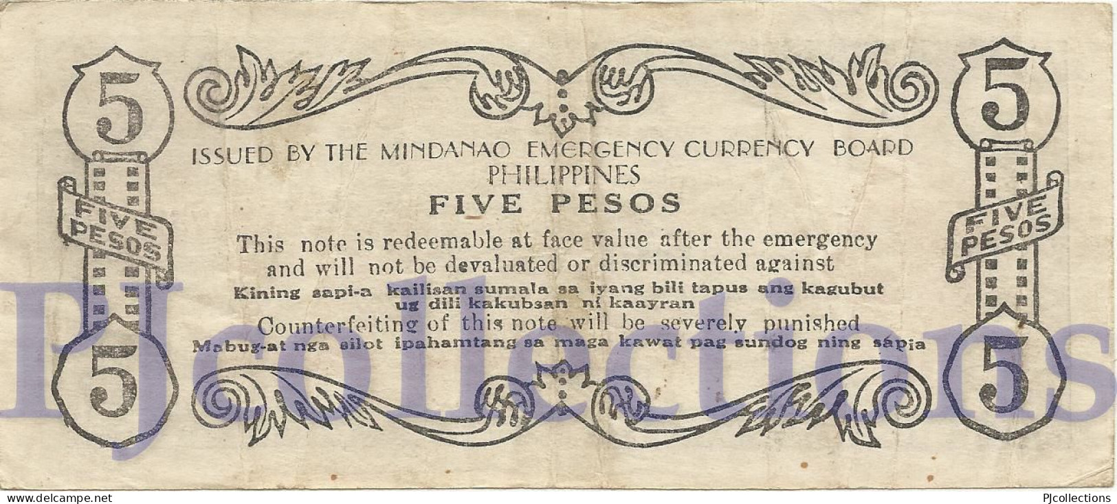 PHILIPPINES 5 PESOS 1944 PICK S526b VF EMERGENCY BANKNOTE - Filippijnen