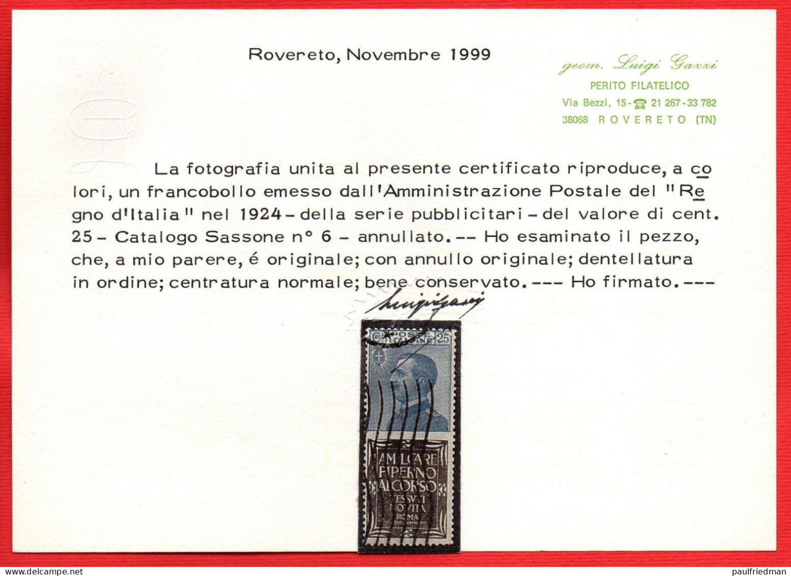 Regno 1924 - Pubblicitari - Piperno 25 Cent. - Usato - Buona Centratura - Certificato Gazzi - Publicity