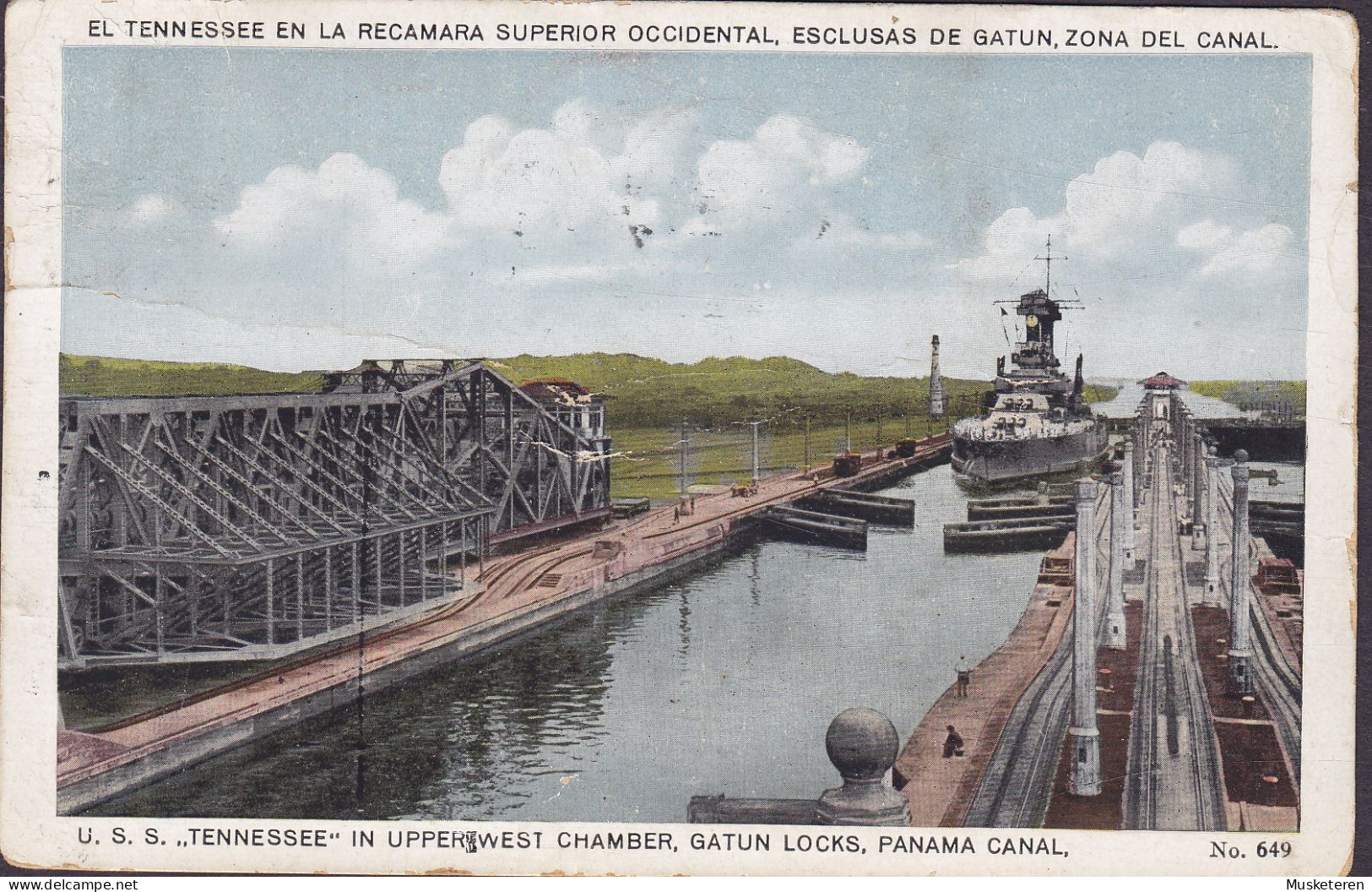 Panama PPC U.S.S. 'TENNESSEE' In Upperwest Chamber, Gatun Locks, Panama Canal HULL 1922 CHARLOTTENLUND Denmark (2 Scans) - Panama