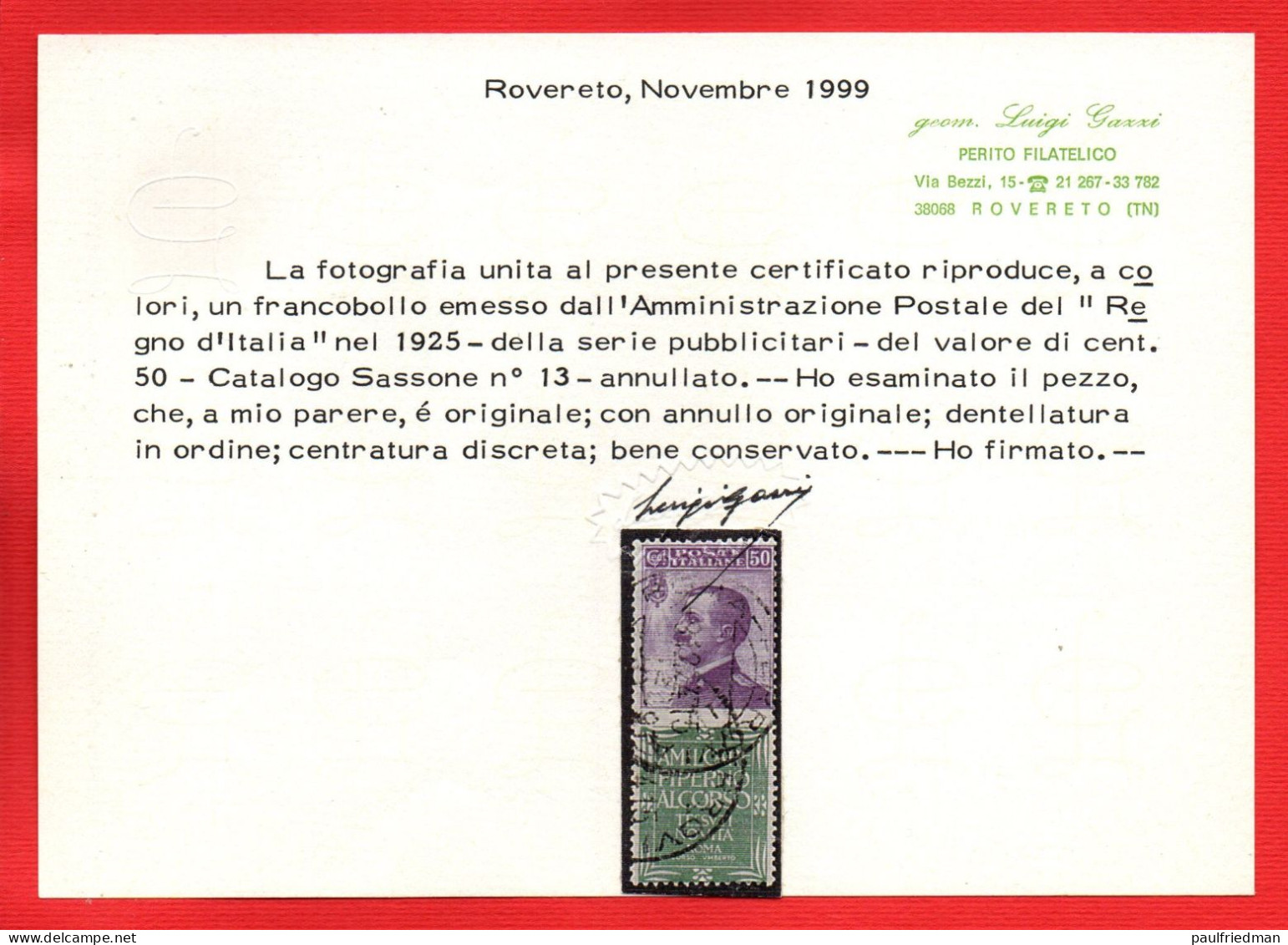 Regno 1924 - Pubblicitari - Piperno 50 Cent. - Usato - Certificato Gazzi - Reclame