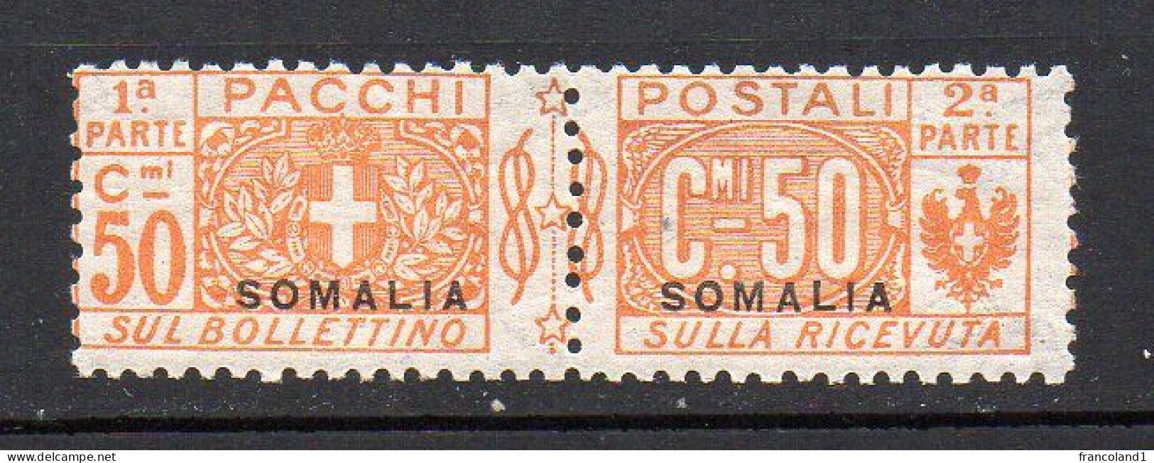 Somalia 1923 Pacchi Sovrastampato "SOMALIA"  N. 16   50 C Arancio  Nuovo MLH* Sassone 240 € - Somalie