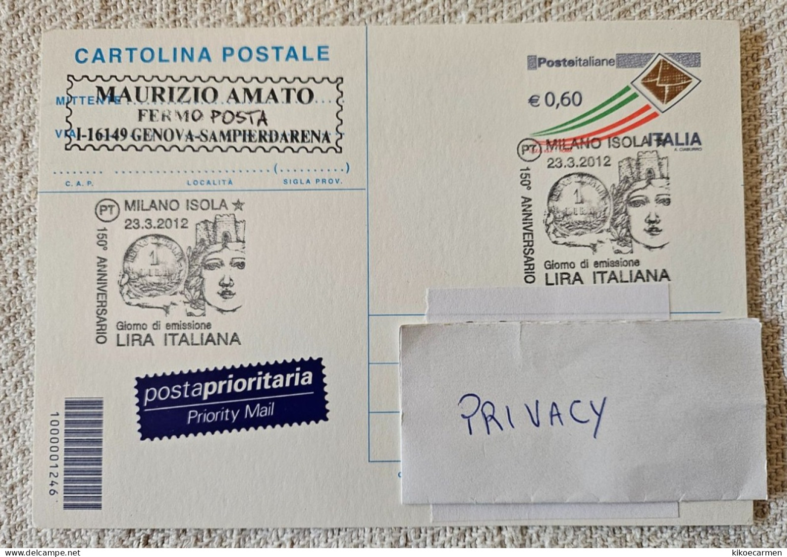 ERROR ! ITALY FDC LIRA ITALIANA 2012 On Postal Stationery 2009 By Mistake CARTOLINA POSTALE 0,60 Milano Isola - Varietà E Curiosità