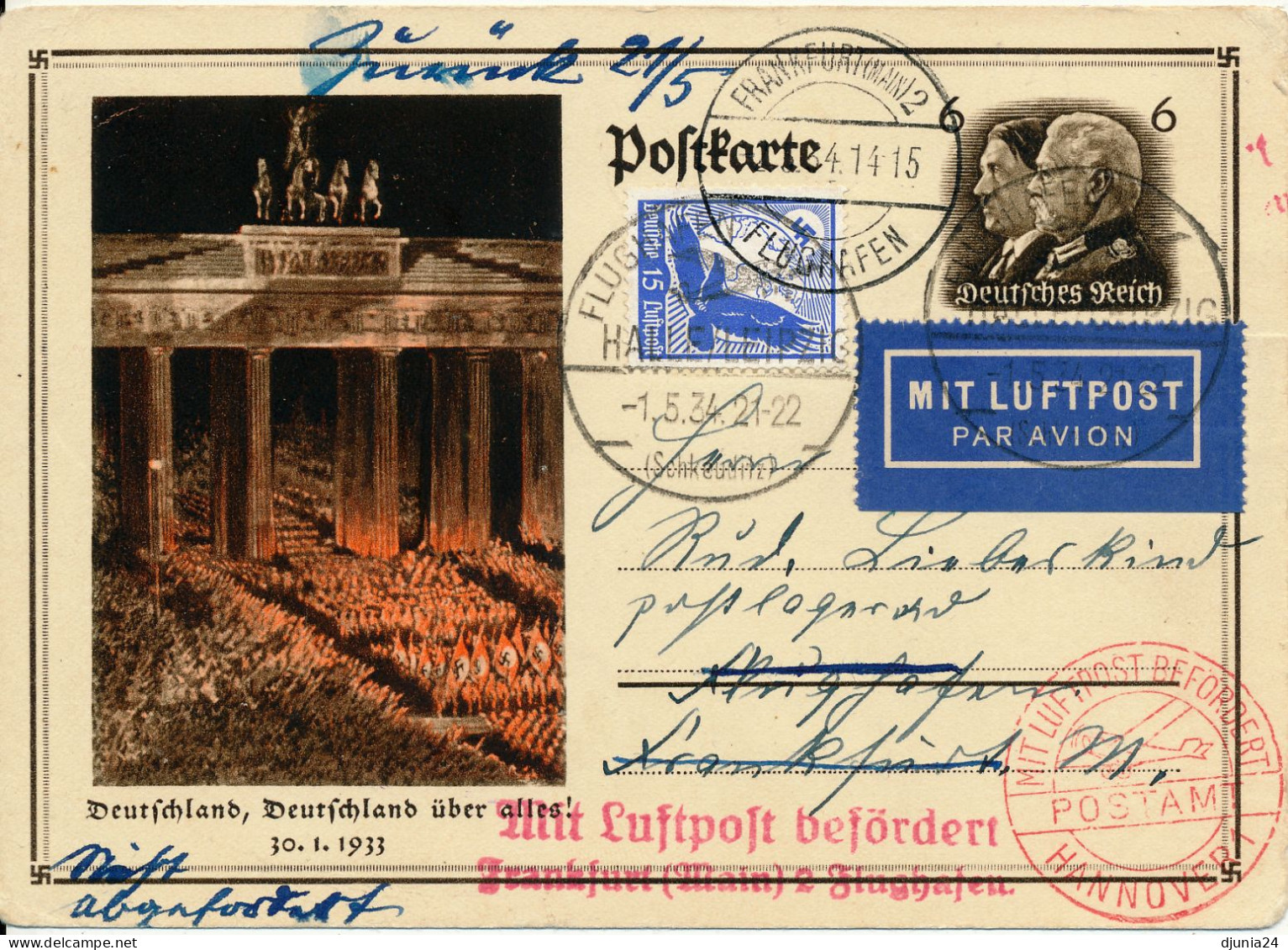 BF0694 / HALLE-LEIPZIG (Schkeuditz)  -  1.5.36  ,   über Hannover Nach Frankfurt  -  Michel  P250 , 531 - Airmail & Zeppelin