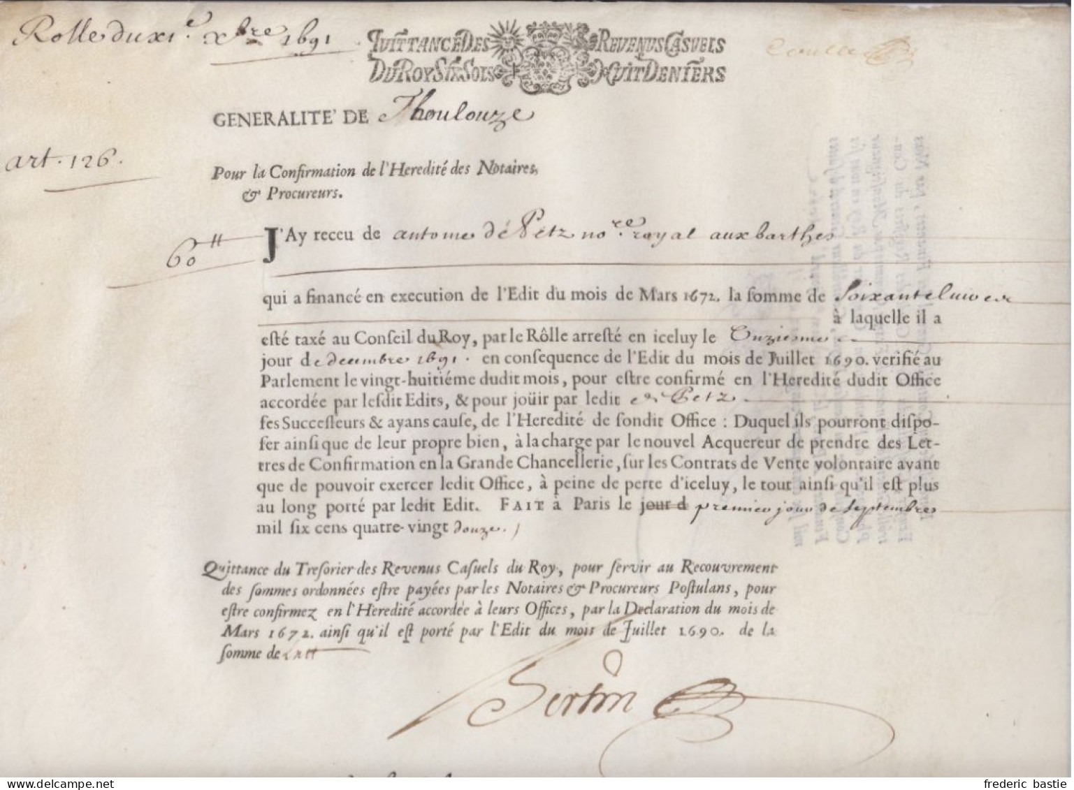 LES  BARTHES ( Tarn Et Garonne ) - Quittance Des Revenus Casuels Du Roy  Six Sols Huit Deniers - Cachets Généralité