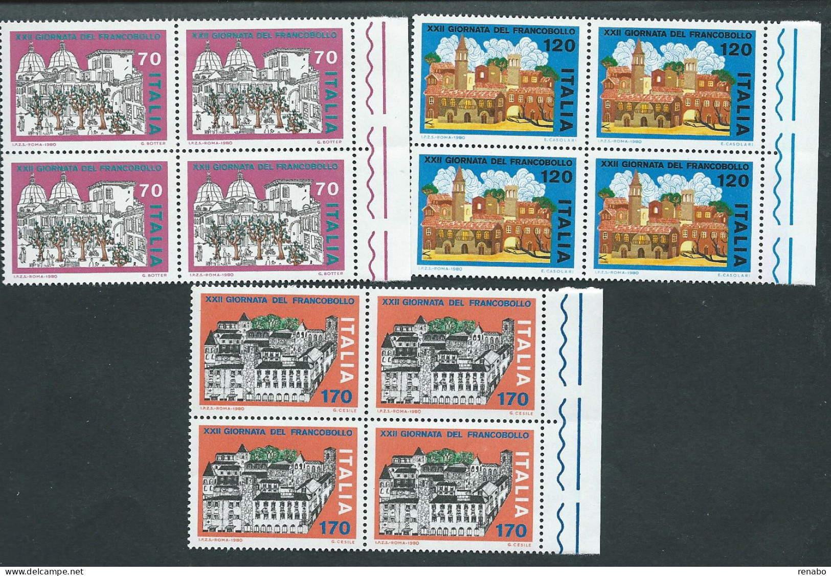 Italia, Italy, Italien, Italie 1980 ; Giornata Del Francobollo, Serie Completa: 3 Quartine Di Bordo Destro. - Stamp's Day