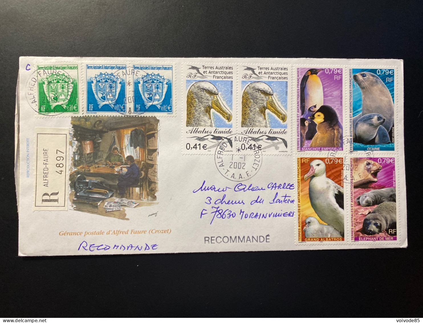 Lettre "TAAF" 01/01/2002 - 328 - 344/347 - TAAF - Crozet - Animaux - Oiseaux - Phoques - Albatros - Manchots Empereur - Storia Postale