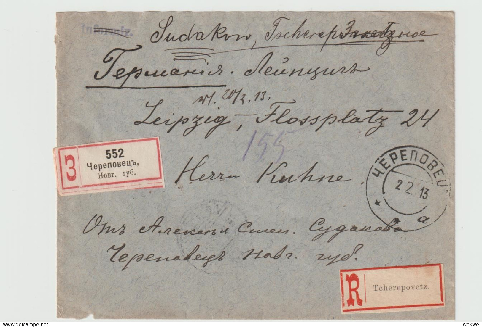 RL418 / RUSSLAND - Mit 2 R-Zetteln, 1913 Nach Leipzig - Brieven En Documenten