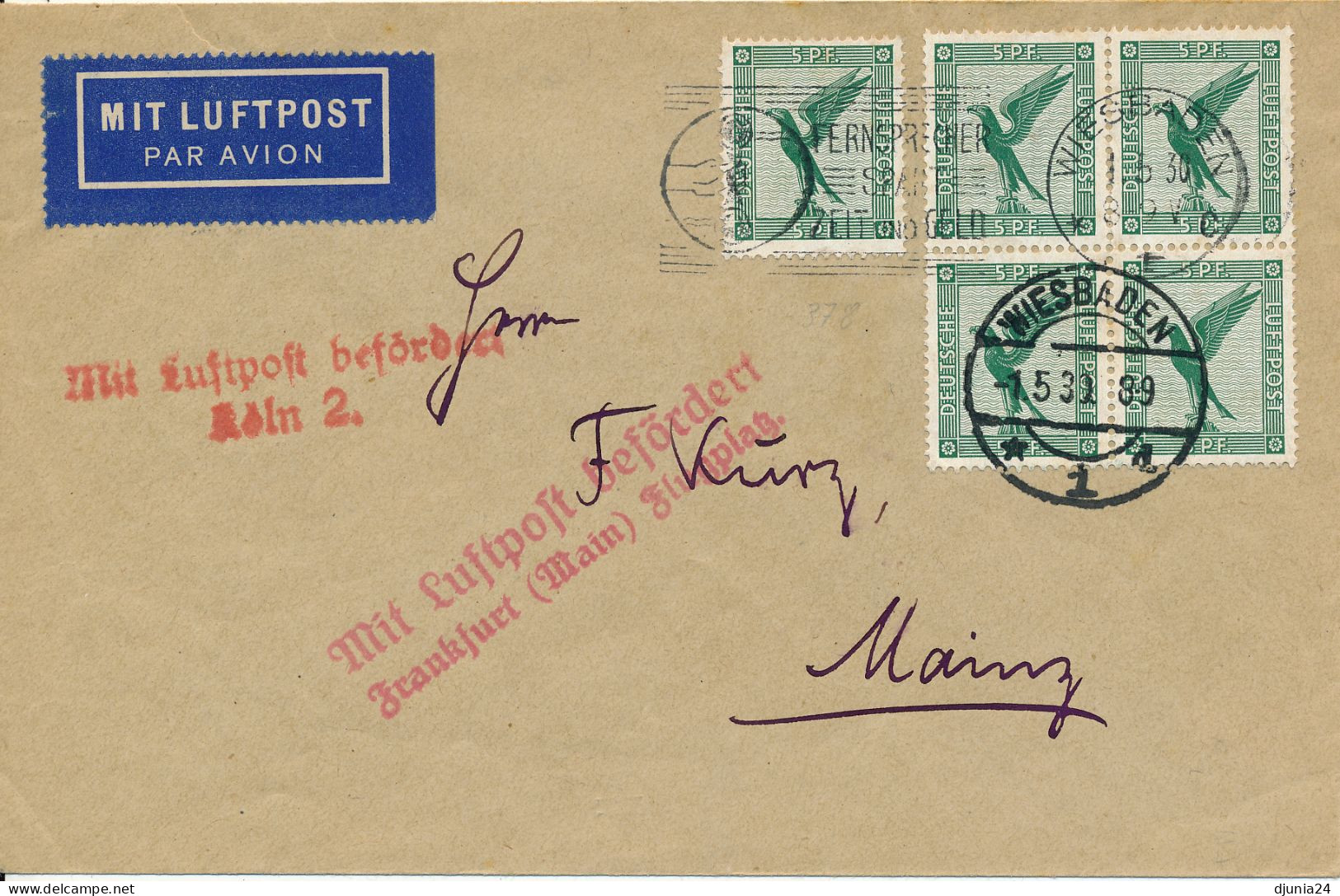 BF0699 / WIESBADEN  -  1.5.30  , über Frankfurt Und Köln  Nach Mainz  -  Michel  378 - Airmail & Zeppelin