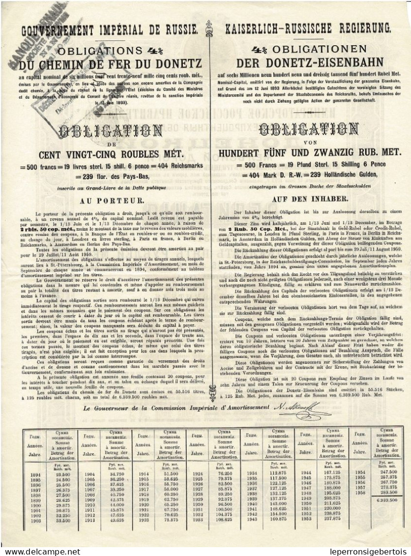 1893 - Gouvernement Impérial De Russie - Obligation 4 % Du Chemin De Fer Du Donetz - Déco - - Rusland