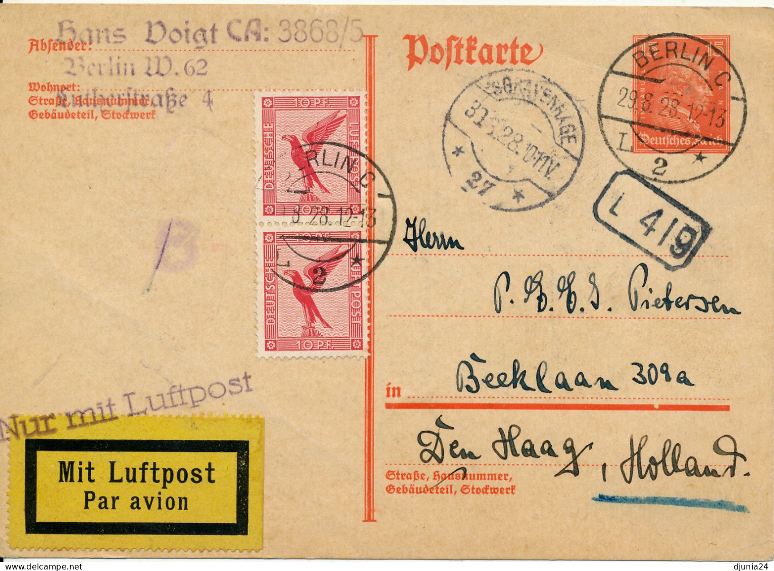 BF0701 / BERLIN  -  29.8.28  , Mit   Luftpost über S'Gravenhage Nach Den Haag / NL  -  Michel P171 I , 379 - Poste Aérienne & Zeppelin