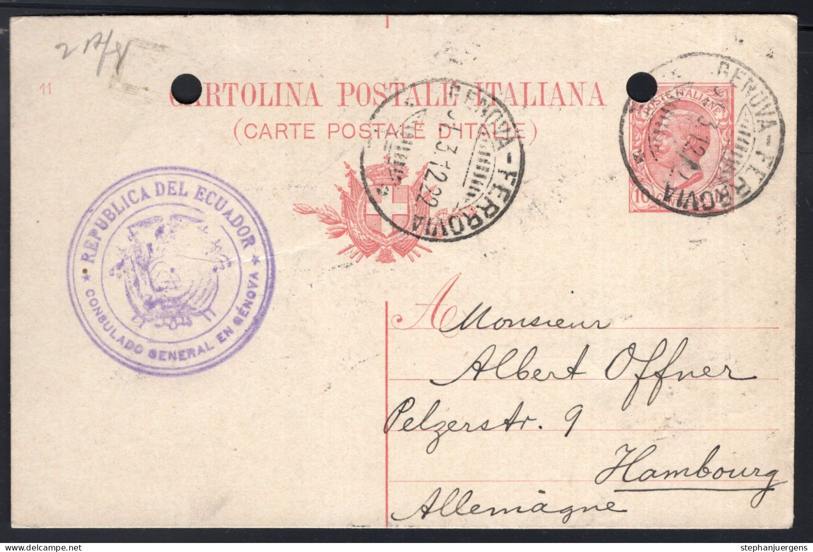 1912, Italian Postal Stationery Card (faults) With Senders Cachet Of The "Consulado General En Genova" - Equateur