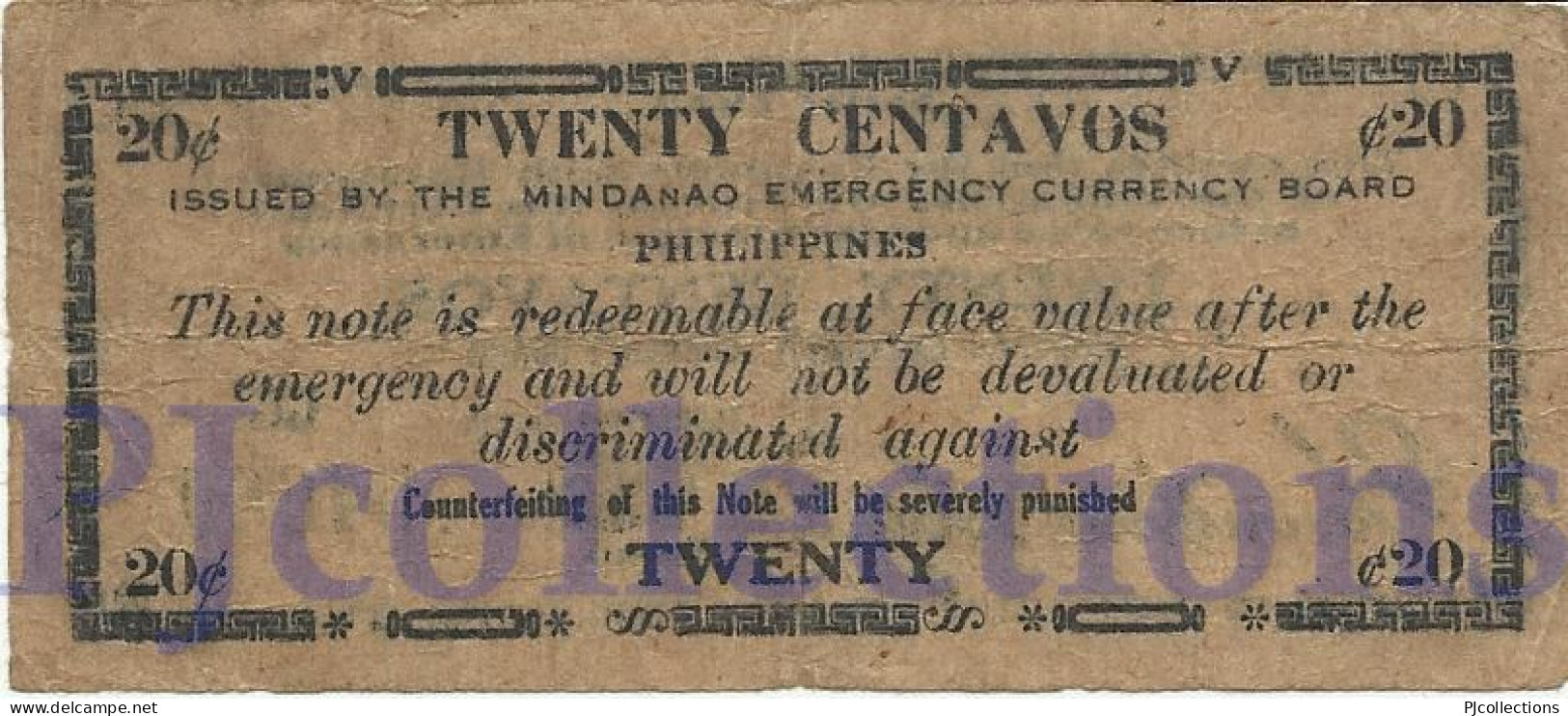PHILIPPINES 20 CENTAVOS 1943 PICK S493 FINE+ EMERGENCY BANKNOTE - Philippines