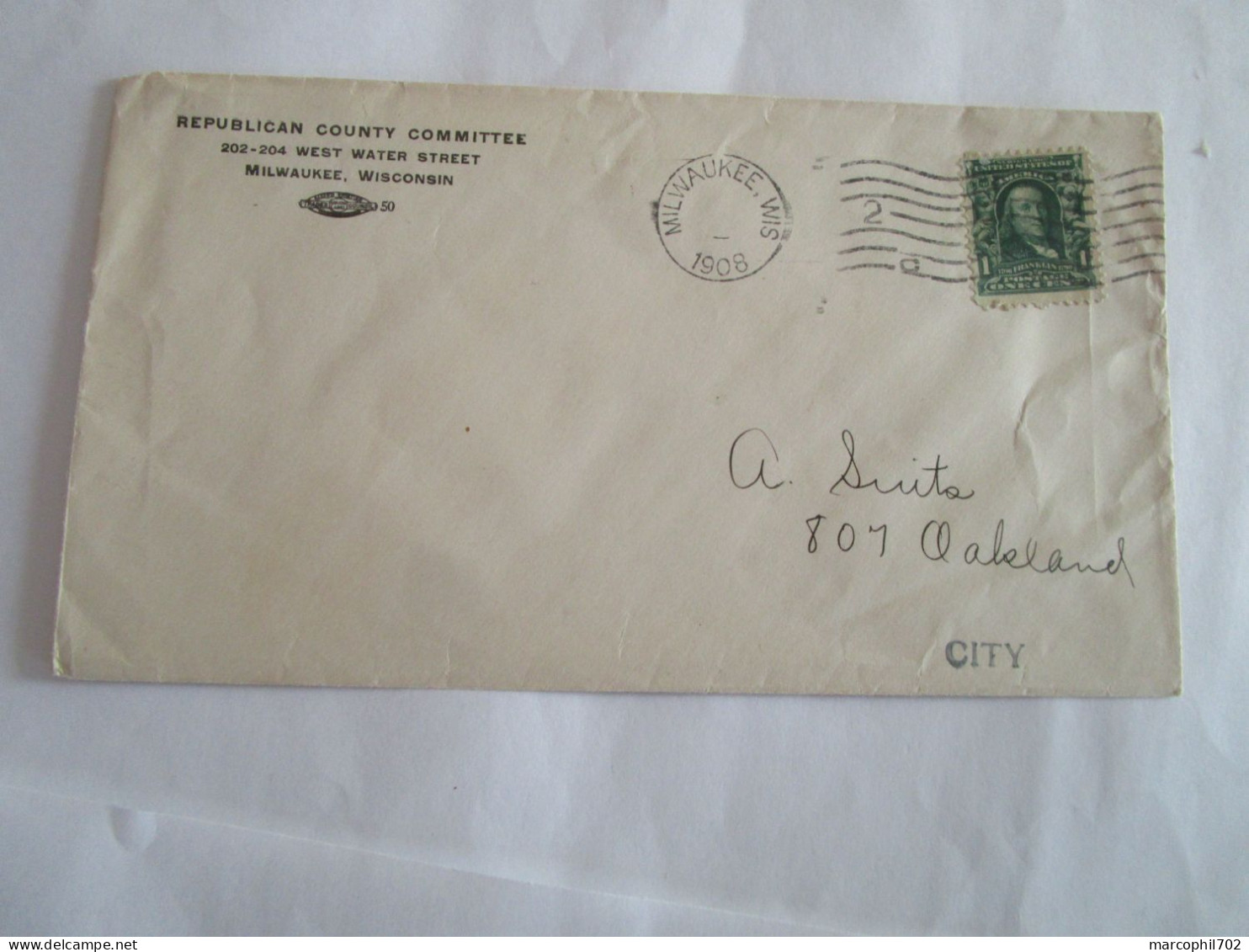 Vielle Lettre EVSC Des USA Milwaukee Wiss 1908 - Storia Postale