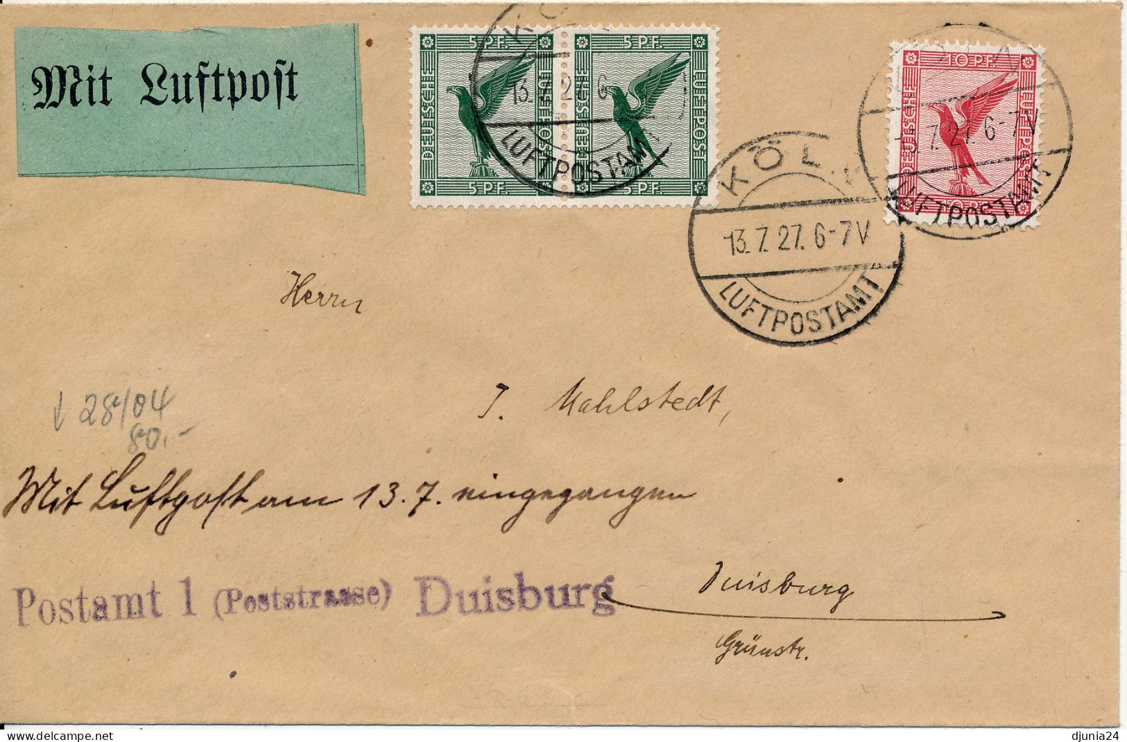 BF0702 / KÖLN / LUFTPOSTAMT  -  13.7.27  , Mit  Luftpost Nach Duisburg  -  Michel  378  2x  ,  379 - Poste Aérienne & Zeppelin