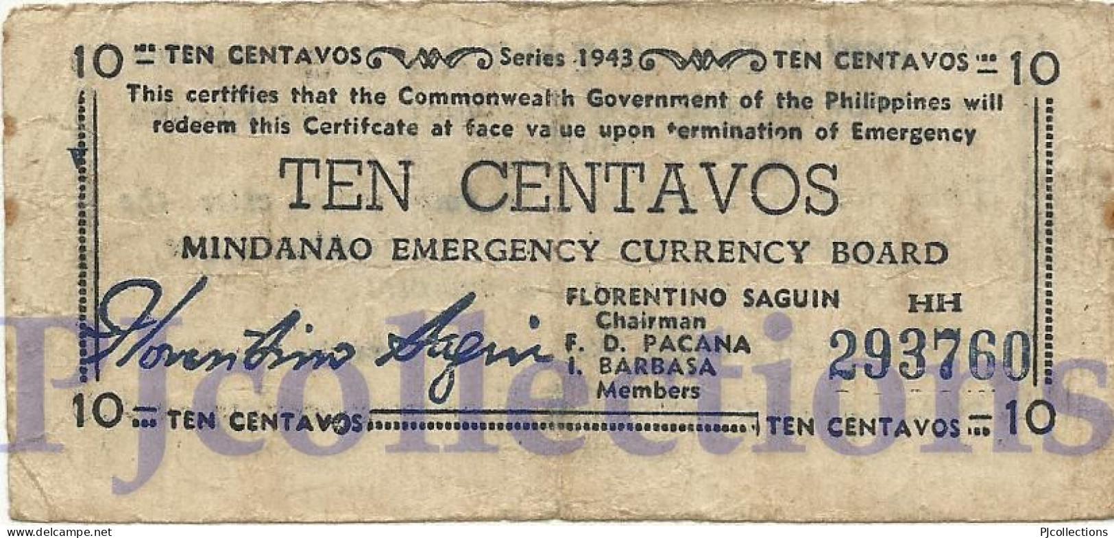 PHILIPPINES 10 CENTAVOS 1943 PICK S502 FINE+ EMERGENCY BANKNOTE - Philippines