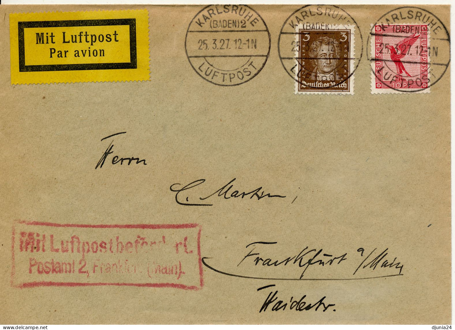 BF0703 / KARLSRUHE / LUFTPOST  -  25.3.27  ,  Nach Frankfurt  -  Michel  379  ,  385 - Airmail & Zeppelin