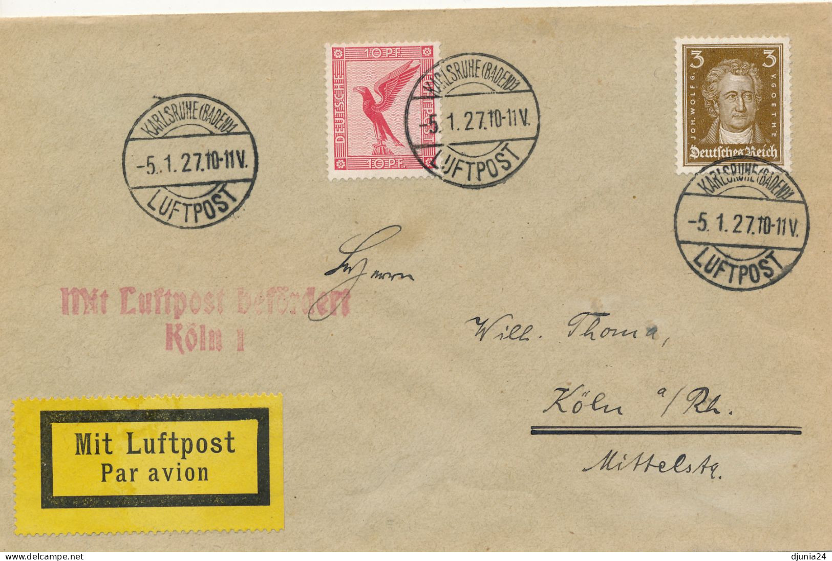 BF0704 / KARLSRUHE / LUFTPOST  -  5.1.27  ,  Nach Köln  -  Michel  379  ,  385 - Airmail & Zeppelin