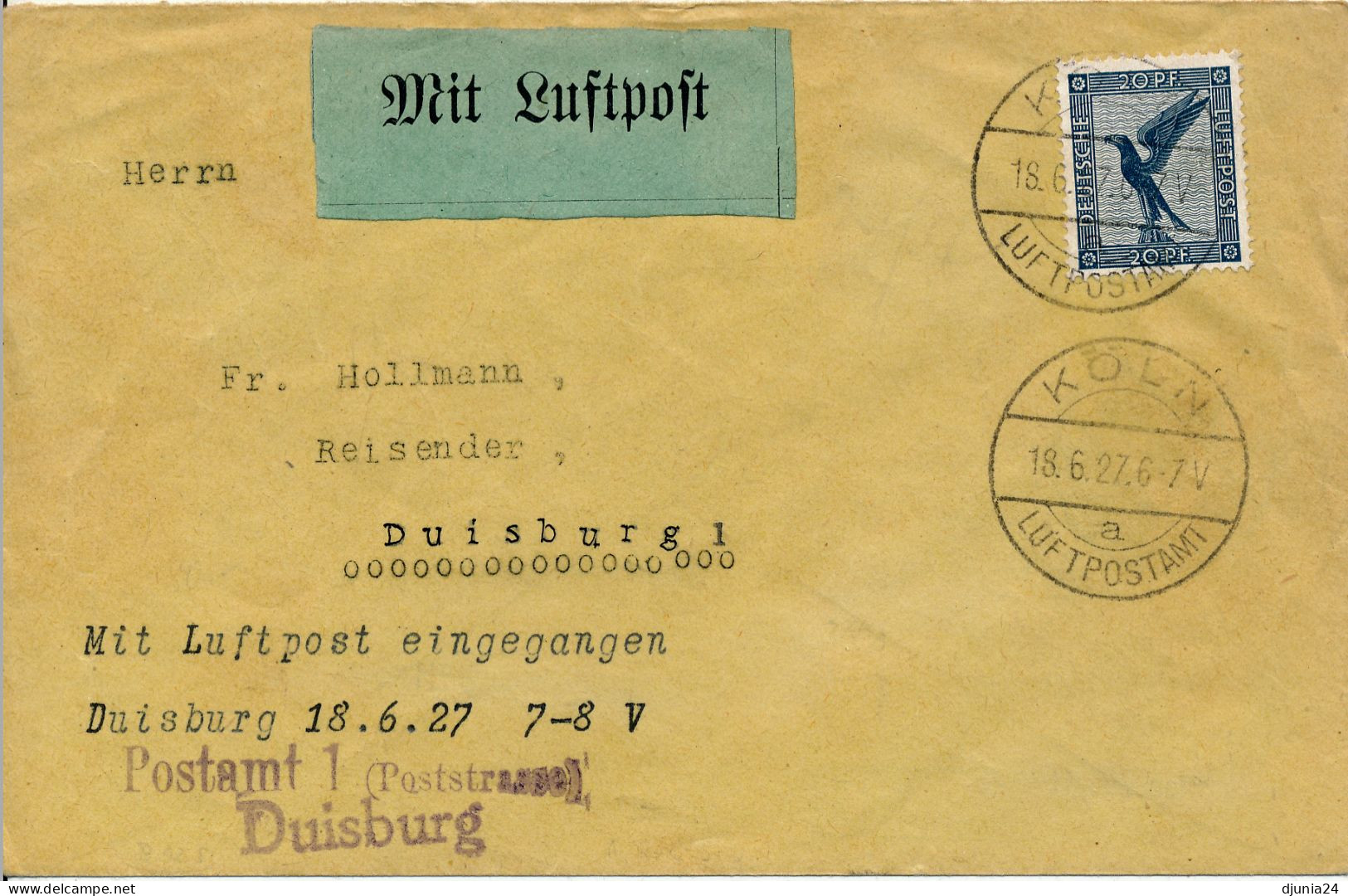 BF0705 / KÖLN / LUFTPOSTAMT  -  18.6.27  , Mit  Luftpost Nach Duisburg  -  Michel  380 - Airmail & Zeppelin