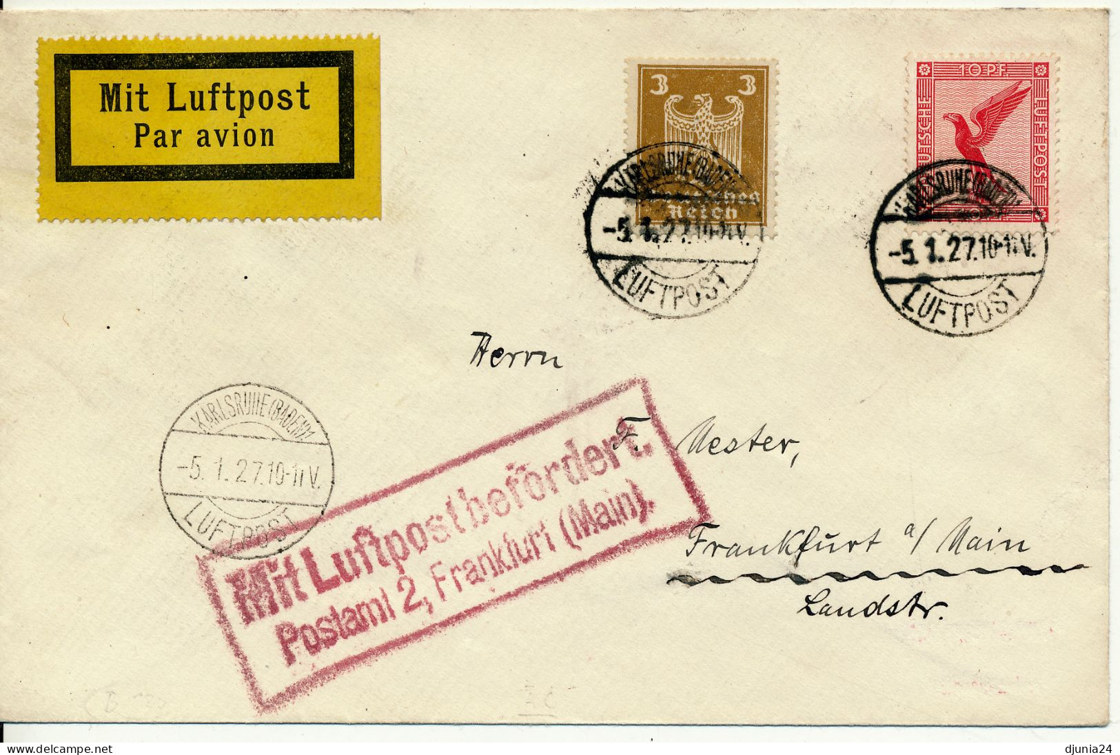 BF0706 / KARLSRUHE / LUFTPOST  -  5.1.27  ,  Nach Frankfurt  -  Michel  355 , 379 - Airmail & Zeppelin