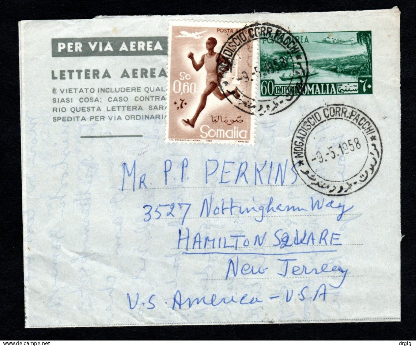 SOMALIA AFIS, 1958, INTERO POSTALE A 2, MOGADISCIO X HAMILTON SQ., USA - Somalië (AFIS)