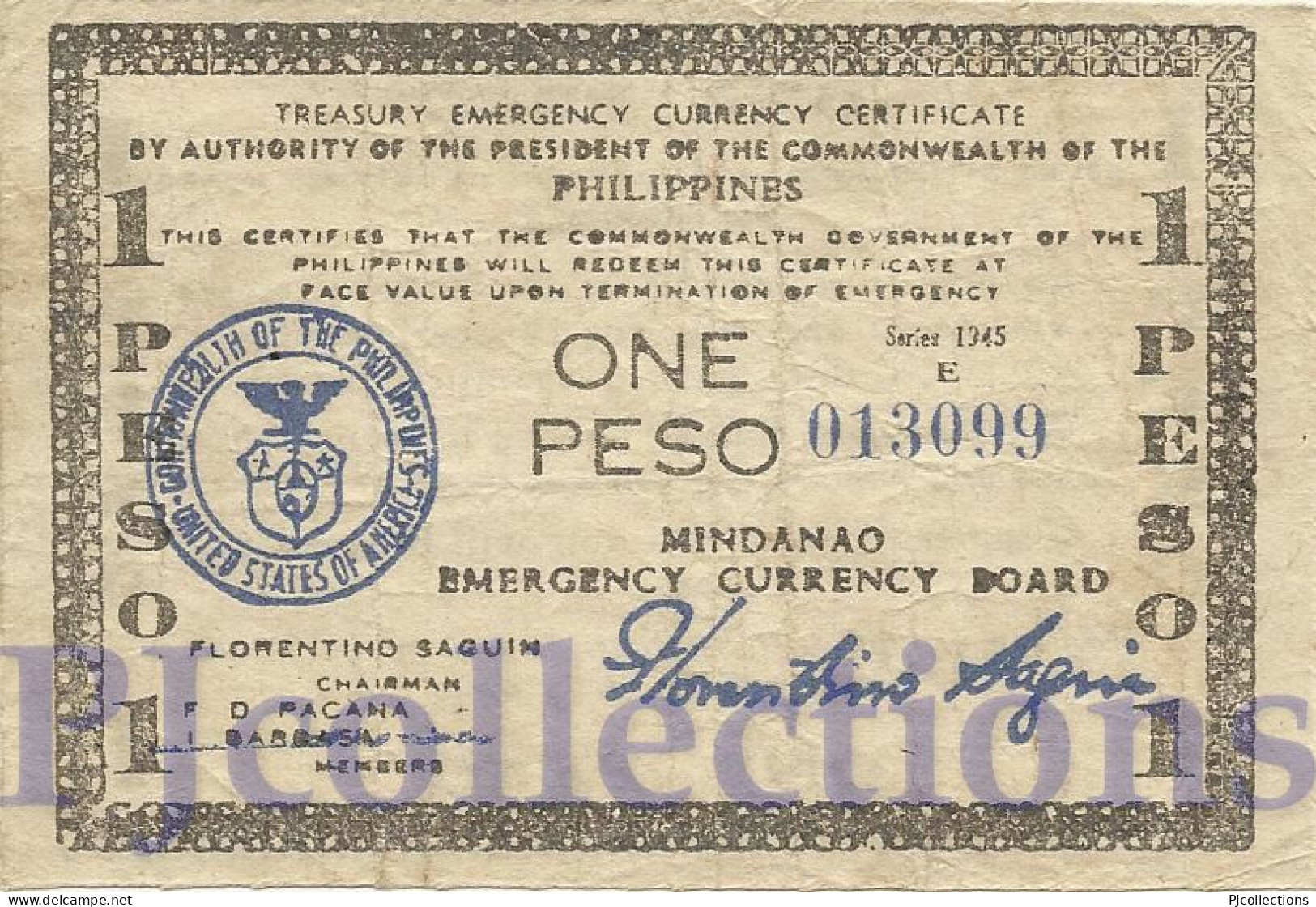 PHILIPPINES 1 PESO 1945 PICK S535 VF EMERGENCY BANKNOTE - Filippijnen