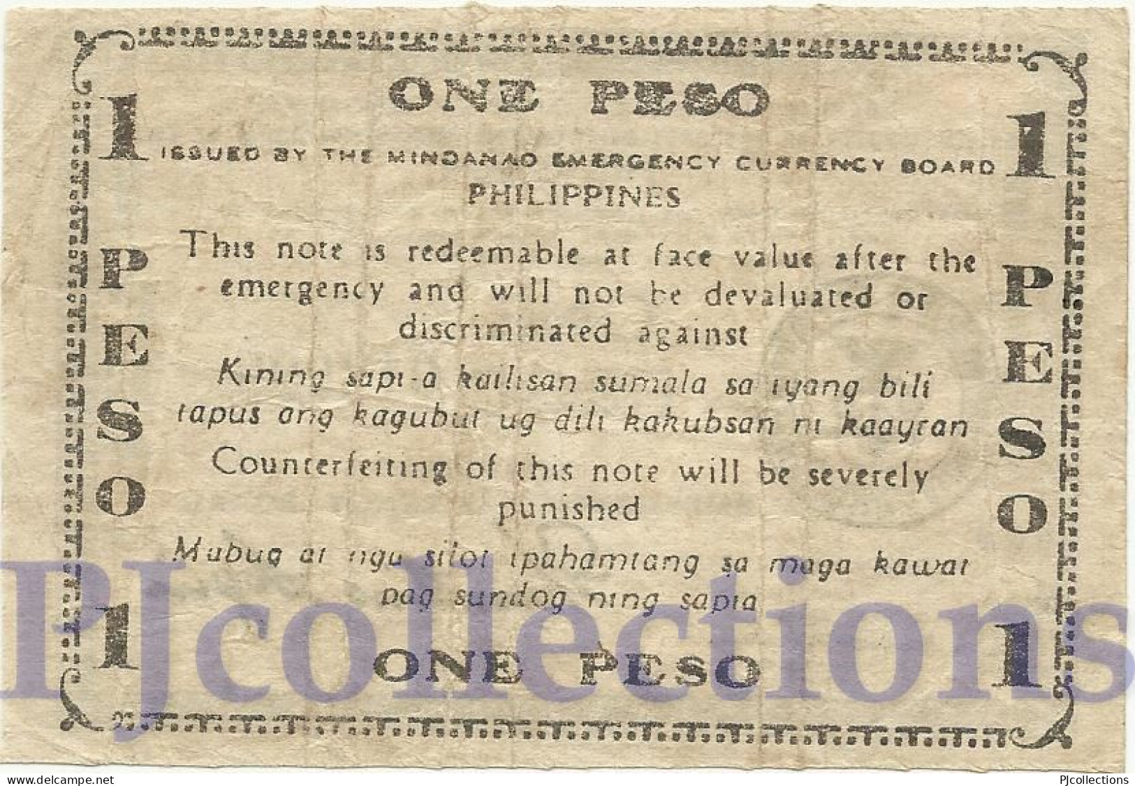 PHILIPPINES 1 PESO 1945 PICK S535 VF EMERGENCY BANKNOTE - Philippinen