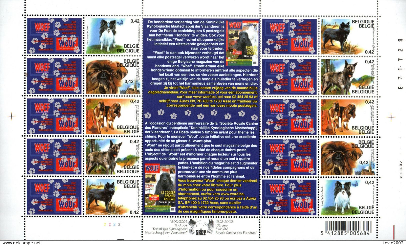 Belgien 2002 - Mi.Nr. 3114 - 3118 Kleinbogen - Postfrisch MNH - Tiere Animals Hunde Dogs - Honden
