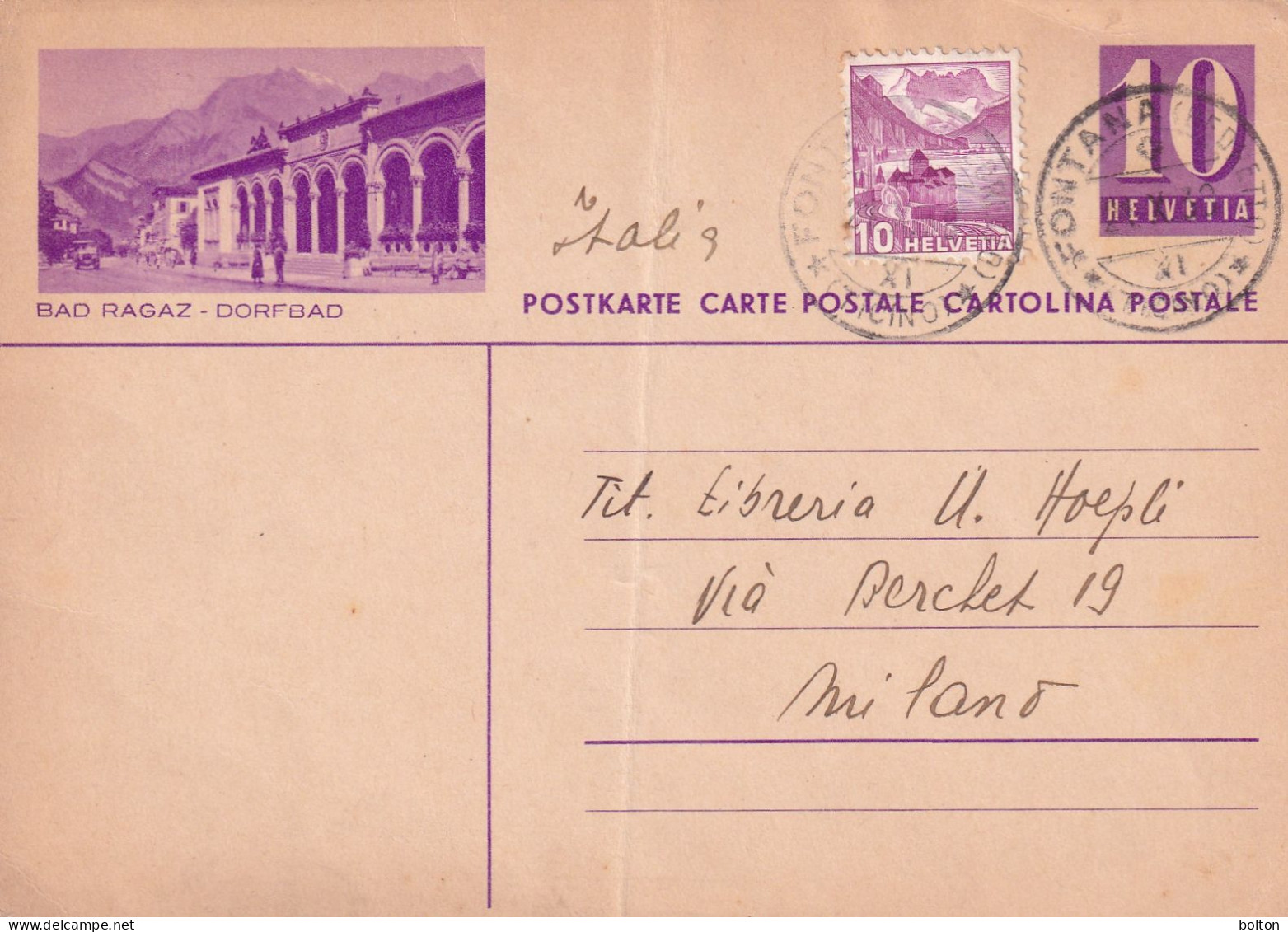 1939 Svizzera Intero Postale Figurato  AUTOBUS  BAD RAGAZ - DORFBAD - Briefe U. Dokumente