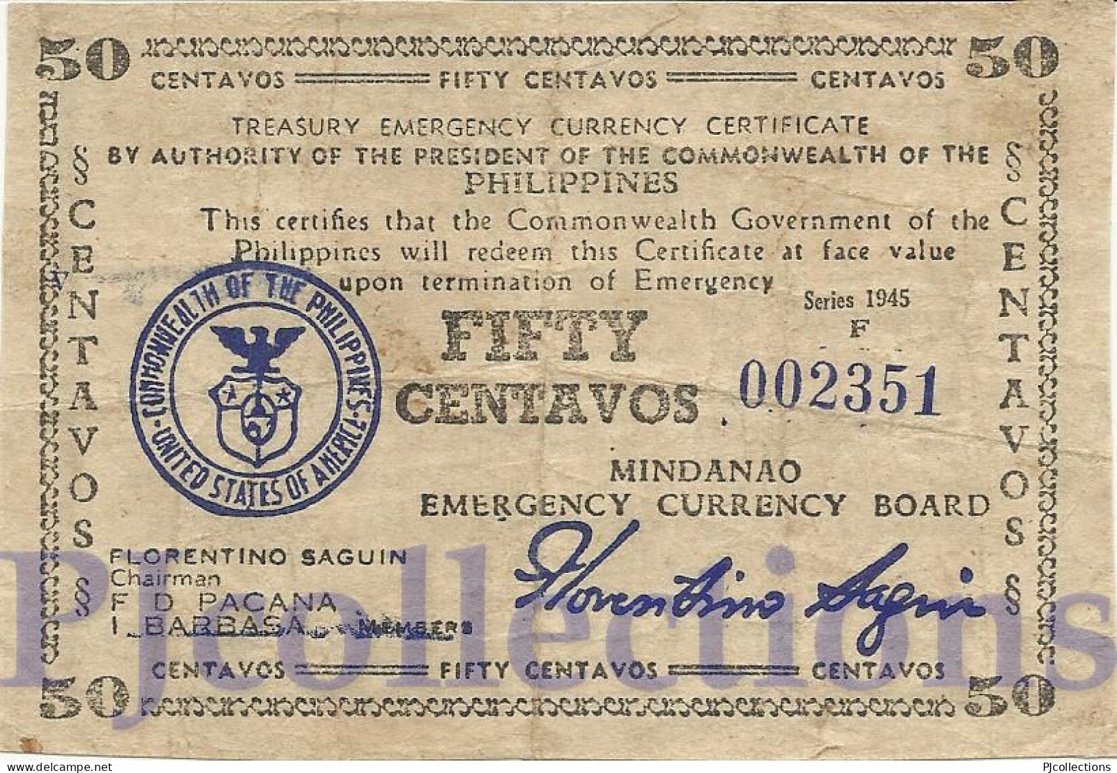 PHILIPPINES 50 CENTAVOS 1945 PICK S534 AVF EMERGENCY BANKNOTE - Filippine