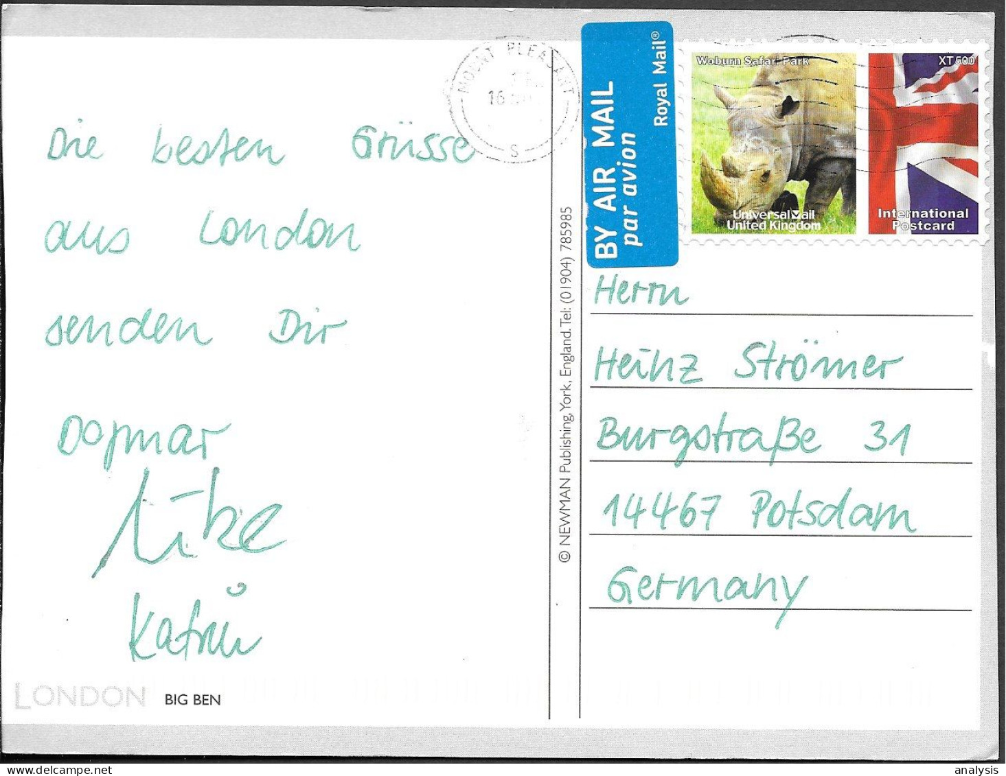England Postcard Mailed To Germany 1990s. White Rhino Stamp Woburn Safari Park. Rhinoceros - Rhinozerosse