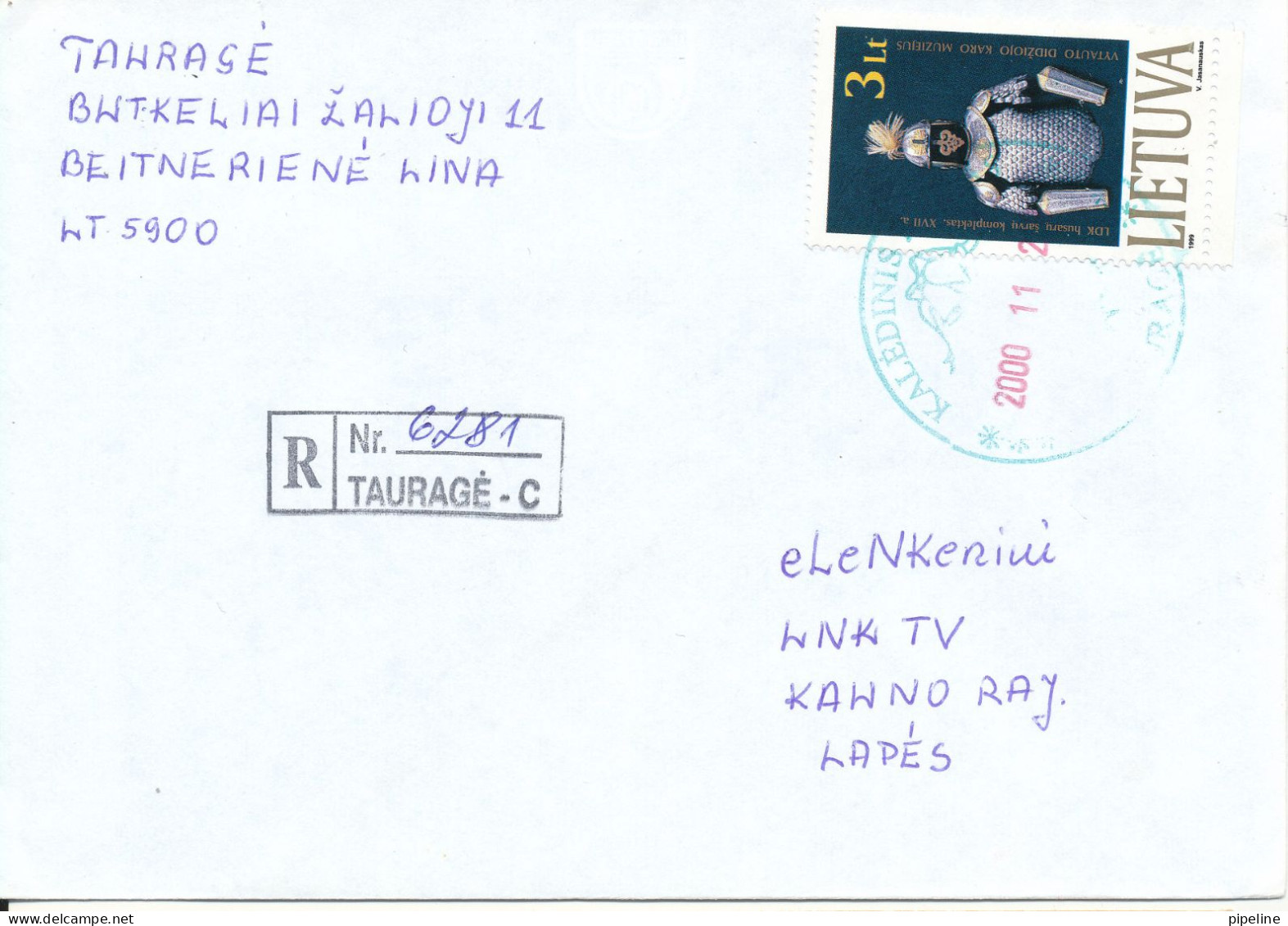 Lithuania Registered Cover Sent To Lapes 29-11-2000 Single Franked - Lituanie