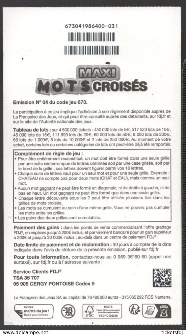 Grattage ILLIKO - MAXI MOTS CROISES 67304 - FRANCAISE DES JEUX - Billets De Loterie