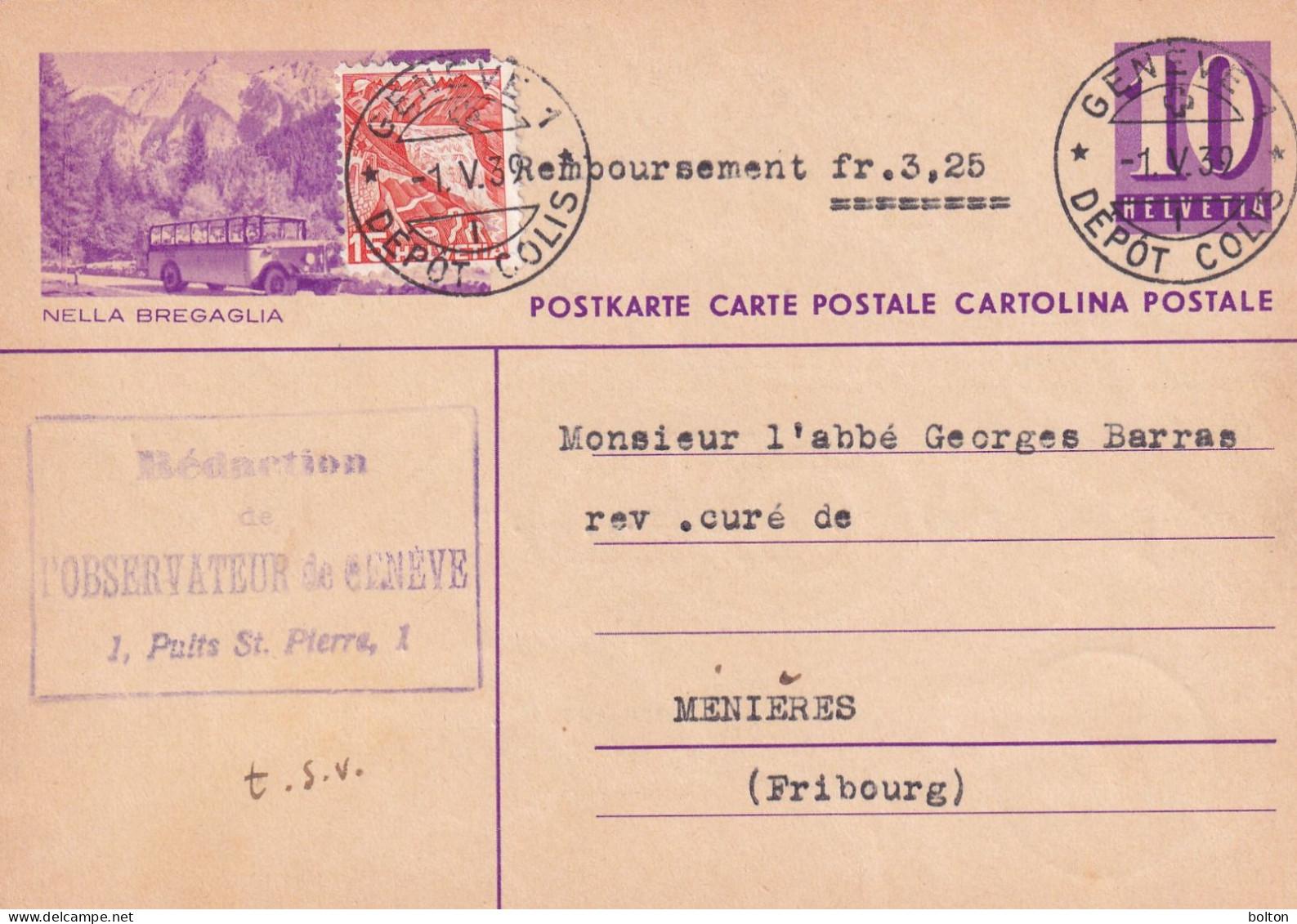 1939 Svizzera Intero Postale Figurato  AUTOBUS   NELLA BREGAGLIA - Lettres & Documents