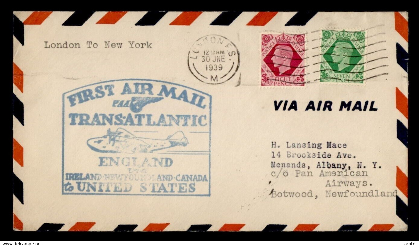 REINO UNIDO 1939 LONDON FIRST AIR MAIL TRANSATLANTIC ENGLAND USA - Lettres & Documents