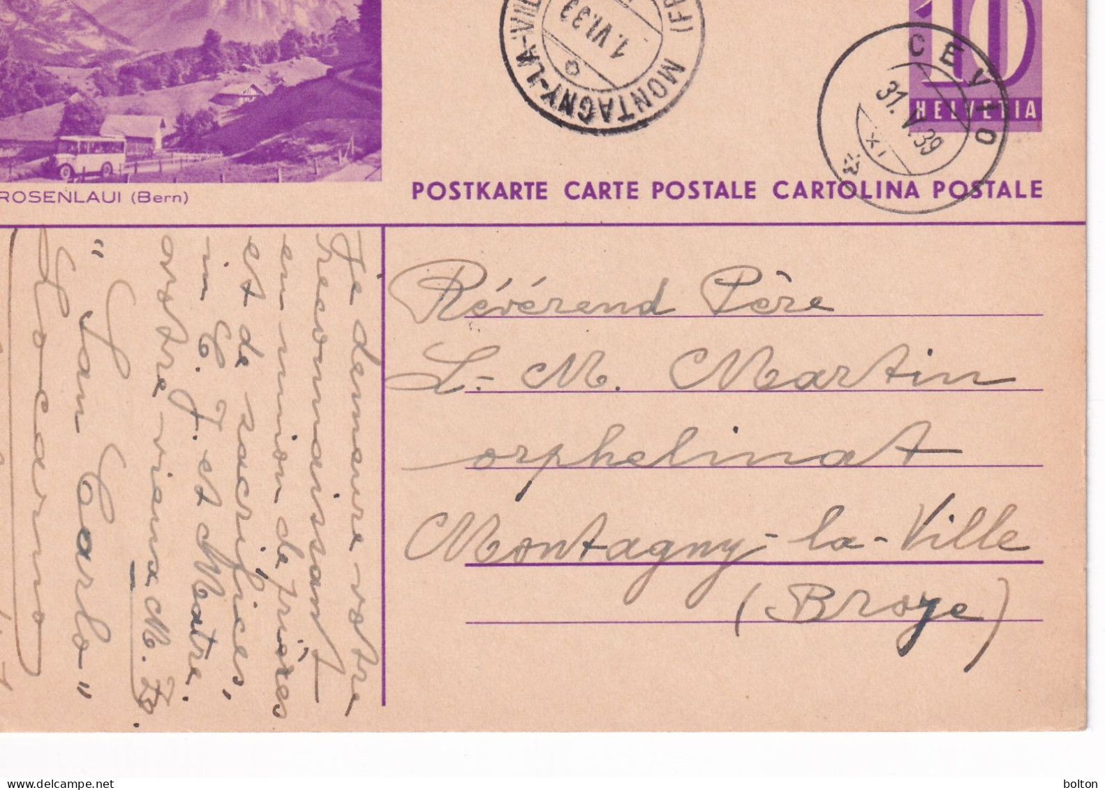 1939 Svizzera Intero Postale Figurato  AUTOBUS  ROSENLAU (Bern) - Storia Postale