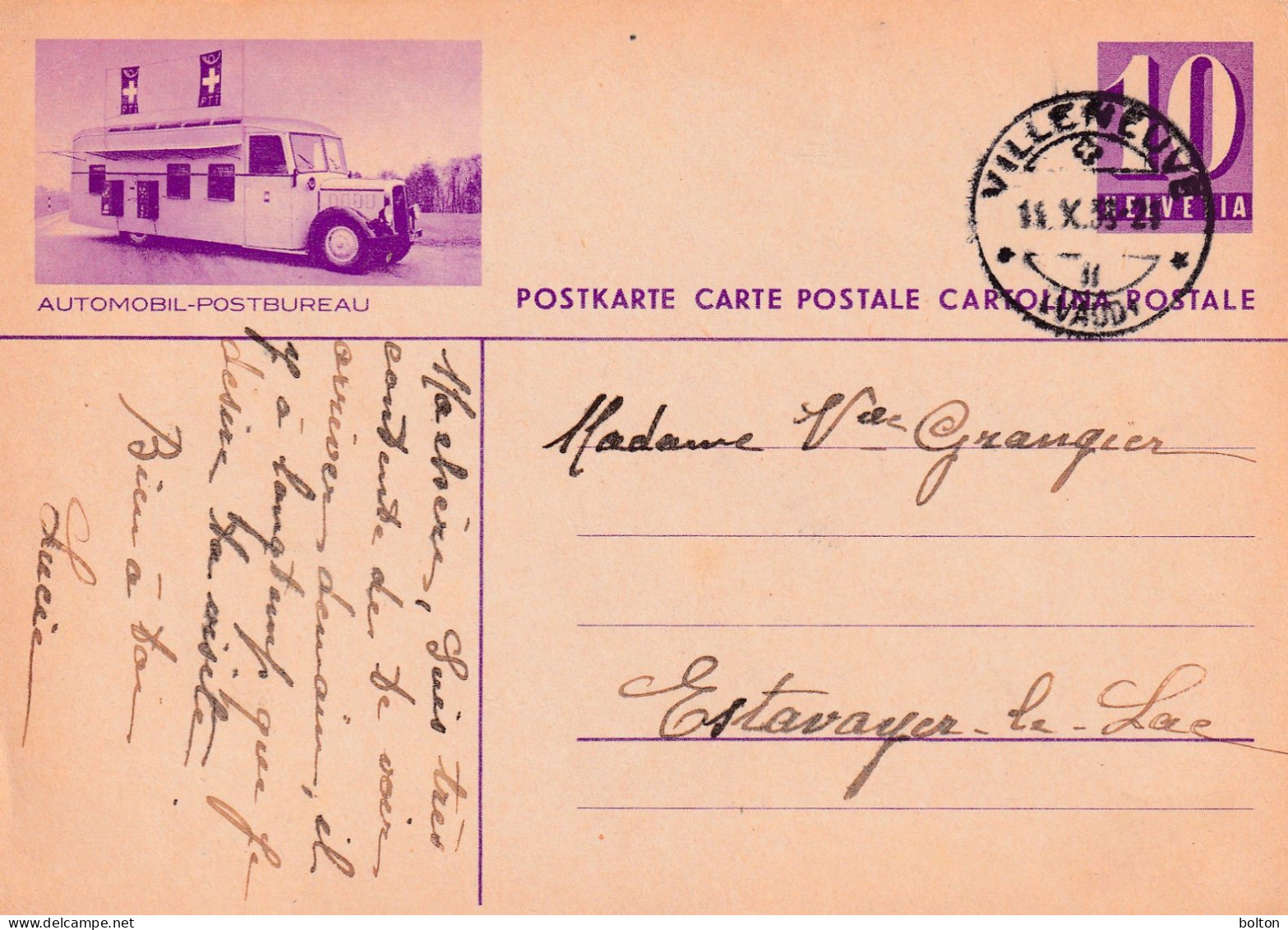1938 Svizzera Intero Postale Figurato  BUREAU DE POSTE AUTOMOBILE - Covers & Documents