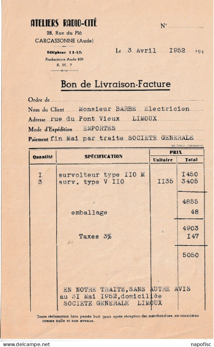 11-Ateliers Radio-Cité...Carcassonne (Aude)..1952 - Elektrizität & Gas