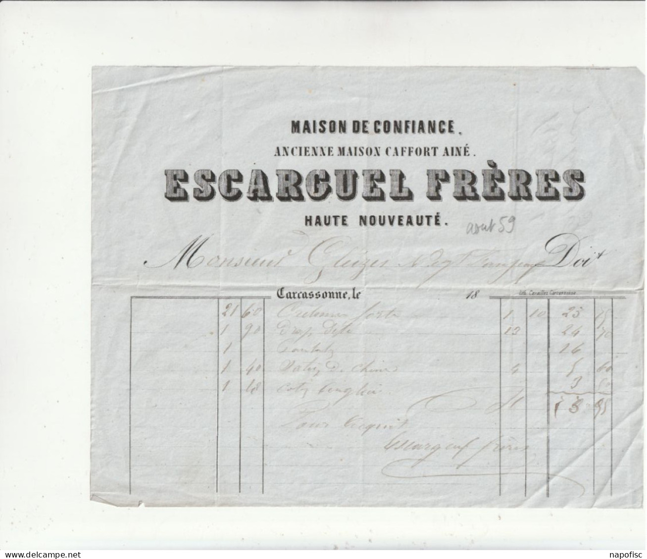 11-Escarguel Frères....Haute Nouveauté....Carcassonne (Aude)..1859 - Kleding & Textiel