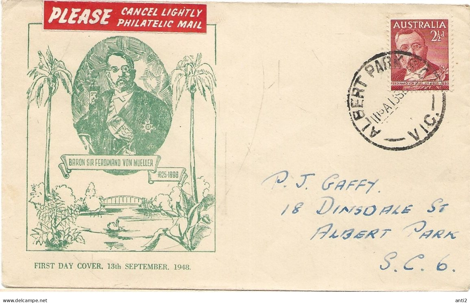 Australia 1949  Special Cover With  Ferdinand Von Mueller.  (1825-1896), Botanist   Cancelled Albert Park Sc - Storia Postale