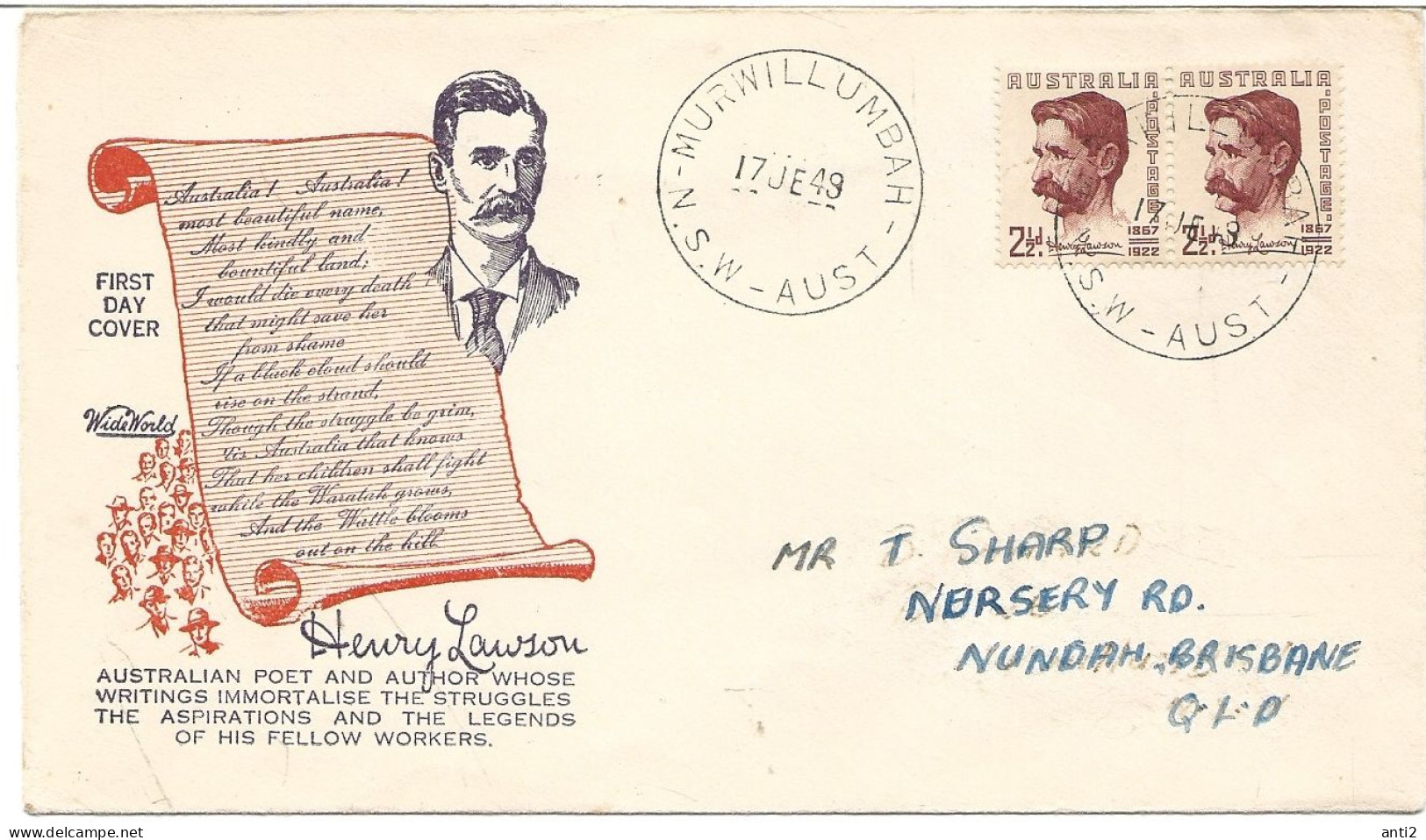 Australia 1949  Special Cover 82nd Birthday Of Henry Lawson, Writer  (1867-1922)  Cancelled MURWILLUMBAH  FDC - Lettres & Documents